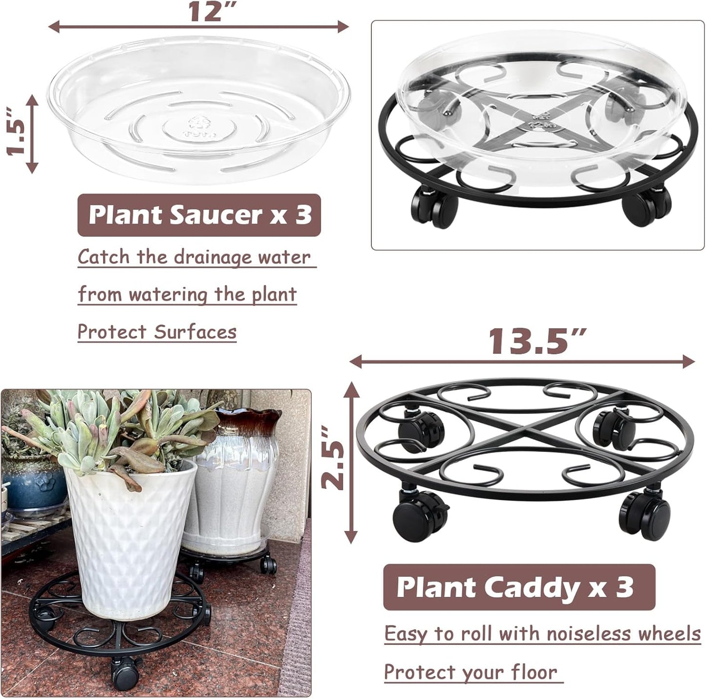3 Packs 13.5" Metal Plant Caddy with Wheels Large Rolling Plant Stands Indoor Wheeled Plant Dolly Heavy-duty Planter Mover Roller Base Outdoor Plant Trolley Cart Water-proof, Plant Saucers on Wheels