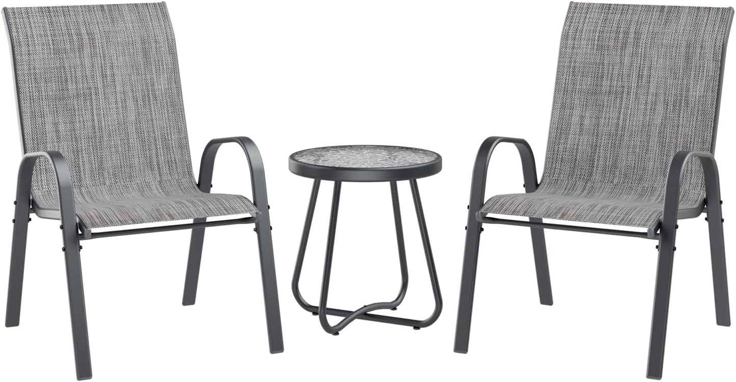UDPATIO Patio Dining Set of 3, Outdoor Table and Chairs Set with Glass Table, 2 Stackable Patio Chairs with High Back, Outdoor Furniture Sets for Deck Garden Backyard Lawn Poolside (Light Grey)