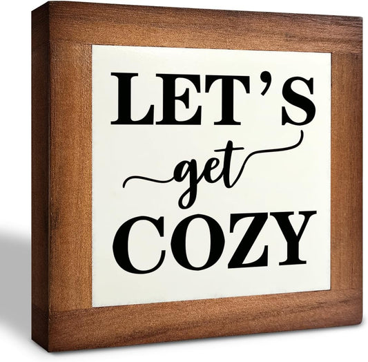 Inspirational Wood Signs, Box Wood Plaques Desk Décor, Farmhouse Home Decor Sign for Shelf, Family Table Decor for Kitchen Bedroom Dining Room, Living Room Decor, Housewarming Gift, Let's Get Cozy F