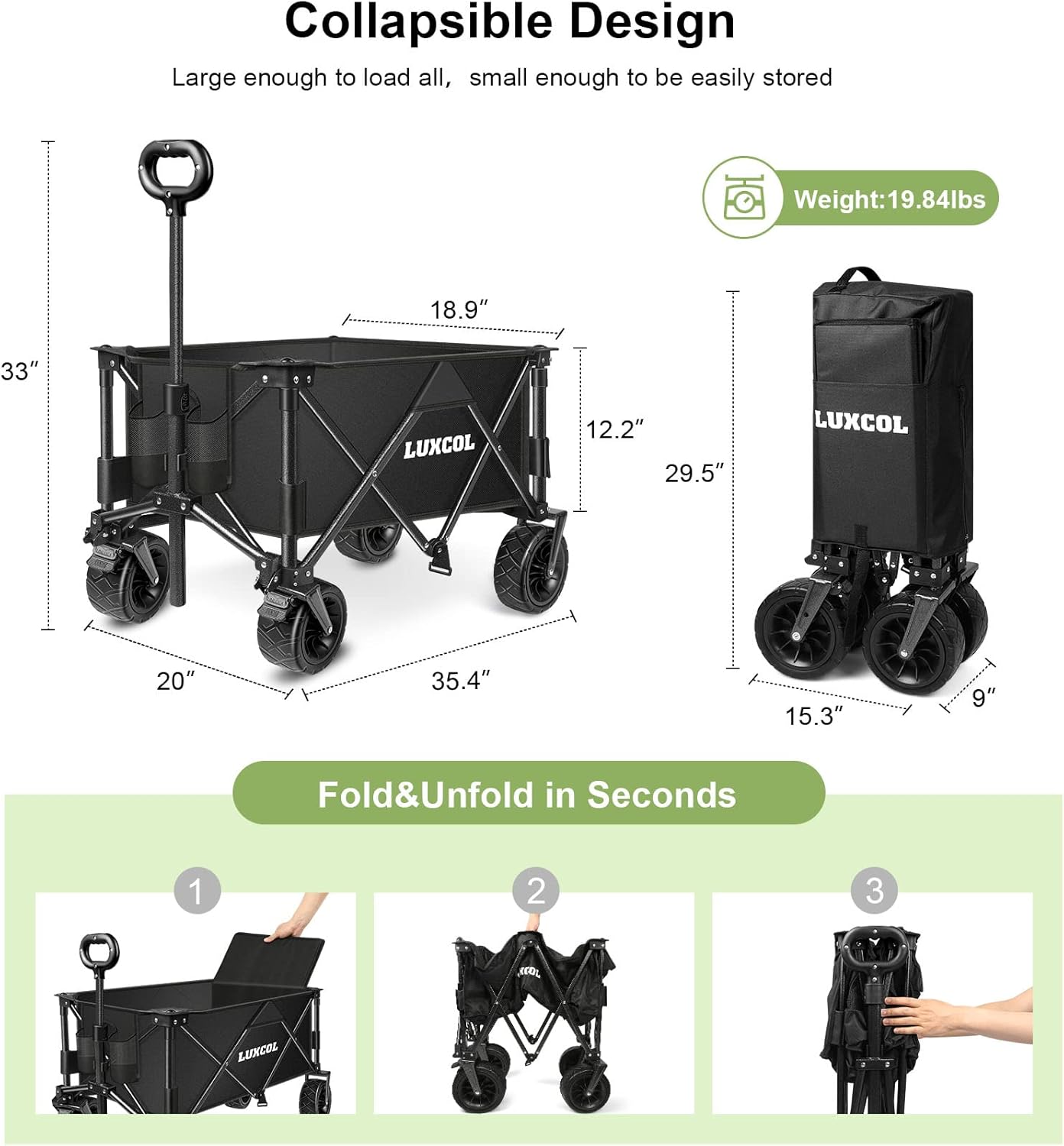LUXCOL Collapsible Folding Wagon, Heavy Duty Utility Beach Wagon Cart for Sand with Big Wheels, Adjustable Handle&Drink Holders for Shopping, Camping,Garden and Outdoor