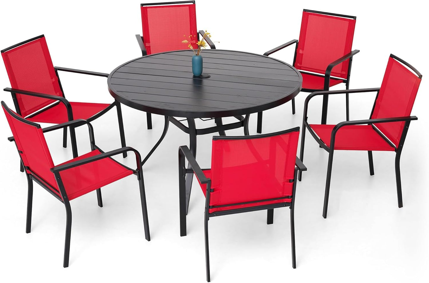 7-Piece Outdoor Dining Set, 48'' Round Table with 6 Stackable Chairs All Weather Furniture Set - Cherry