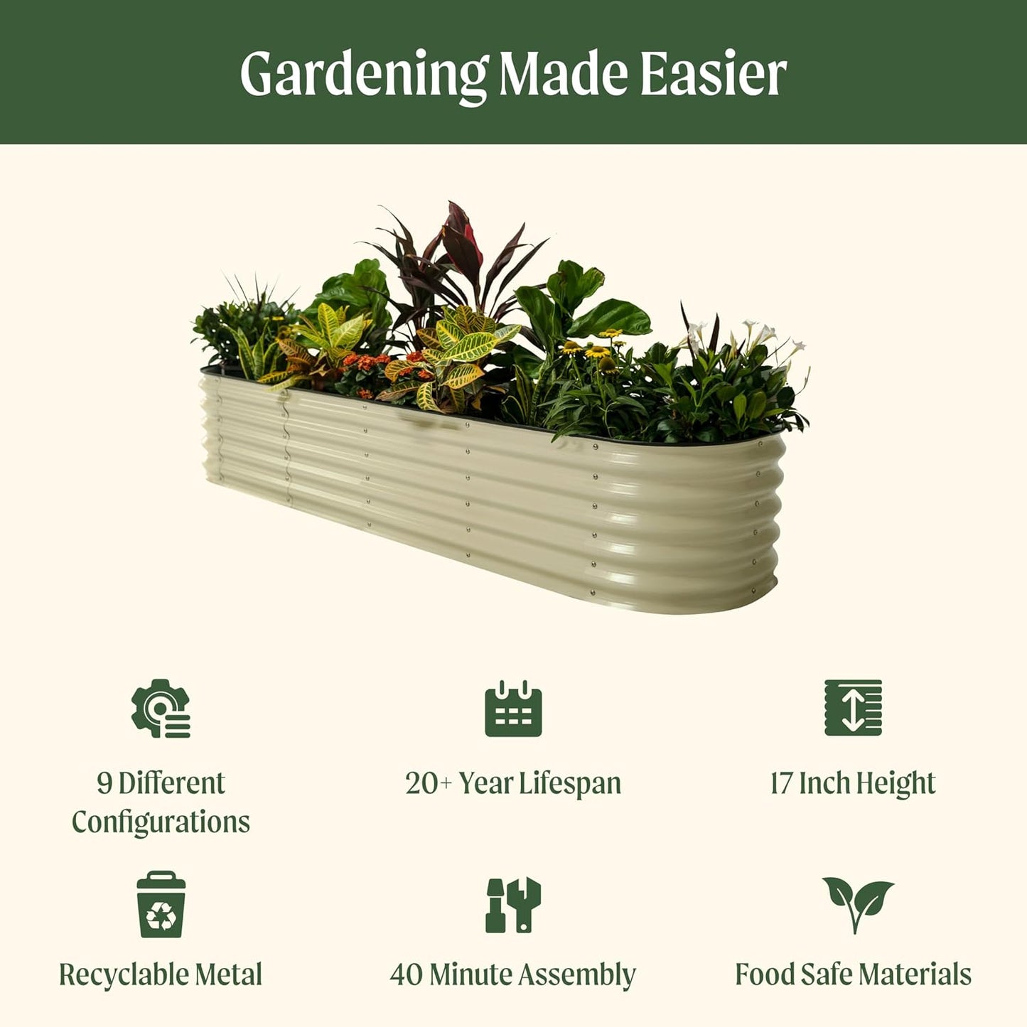 Vego garden Raised Garden Bed Kits, 17" Tall 9 in 1 8ft X 2ft Metal Raised Planter Bed for Vegetables Flowers Ground Planter Box-Pearl White