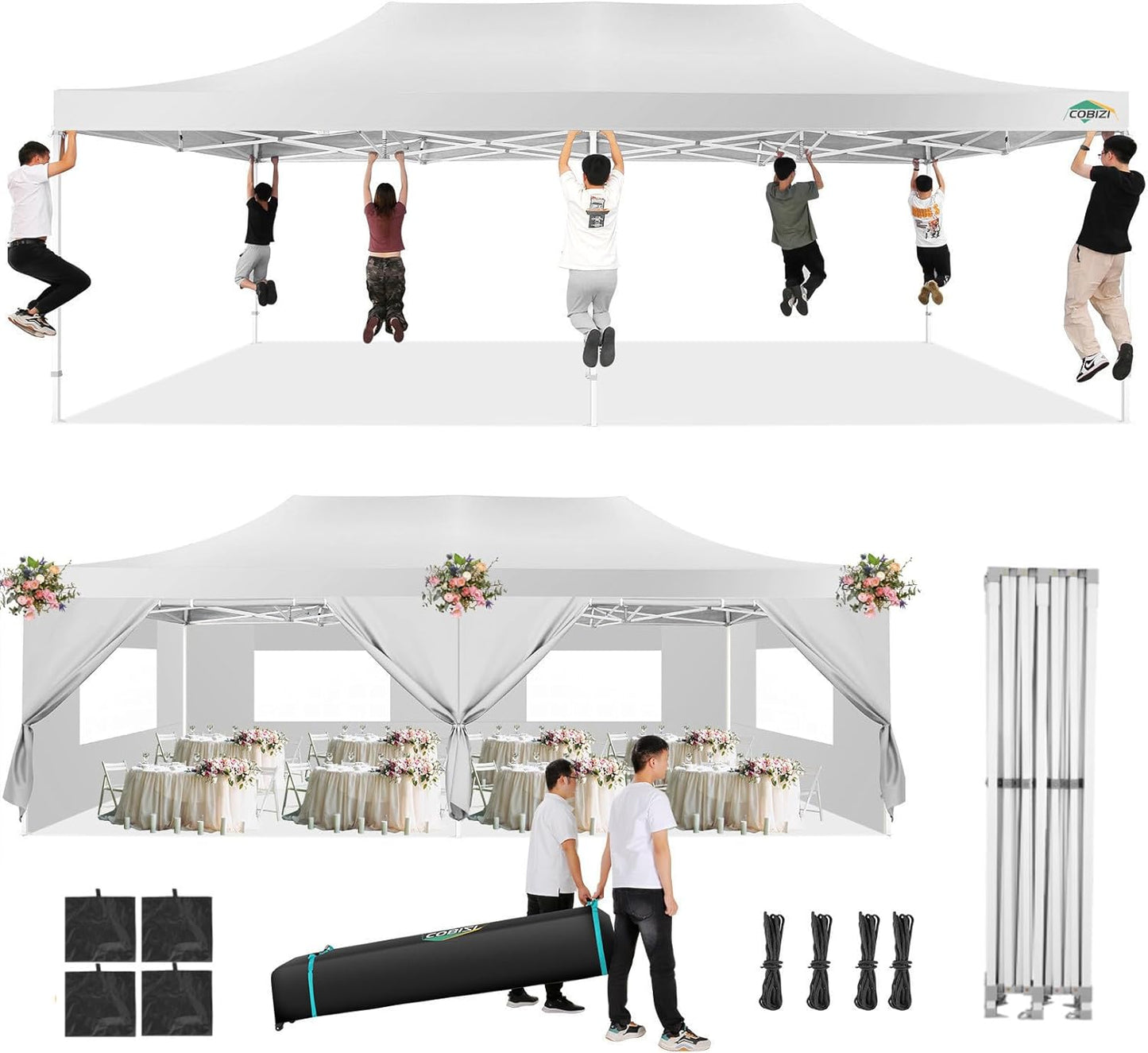 COBIZI 13x26 Pop Up Tent 13x26 Canopy with Sidewalls Heavy Duty Canopy Party Tent for Parties, Outdoor Wedding Large Event Tent Wind Waterproof UPF 50+ Ez Up in Garden Lawn with Roller Bag, White
