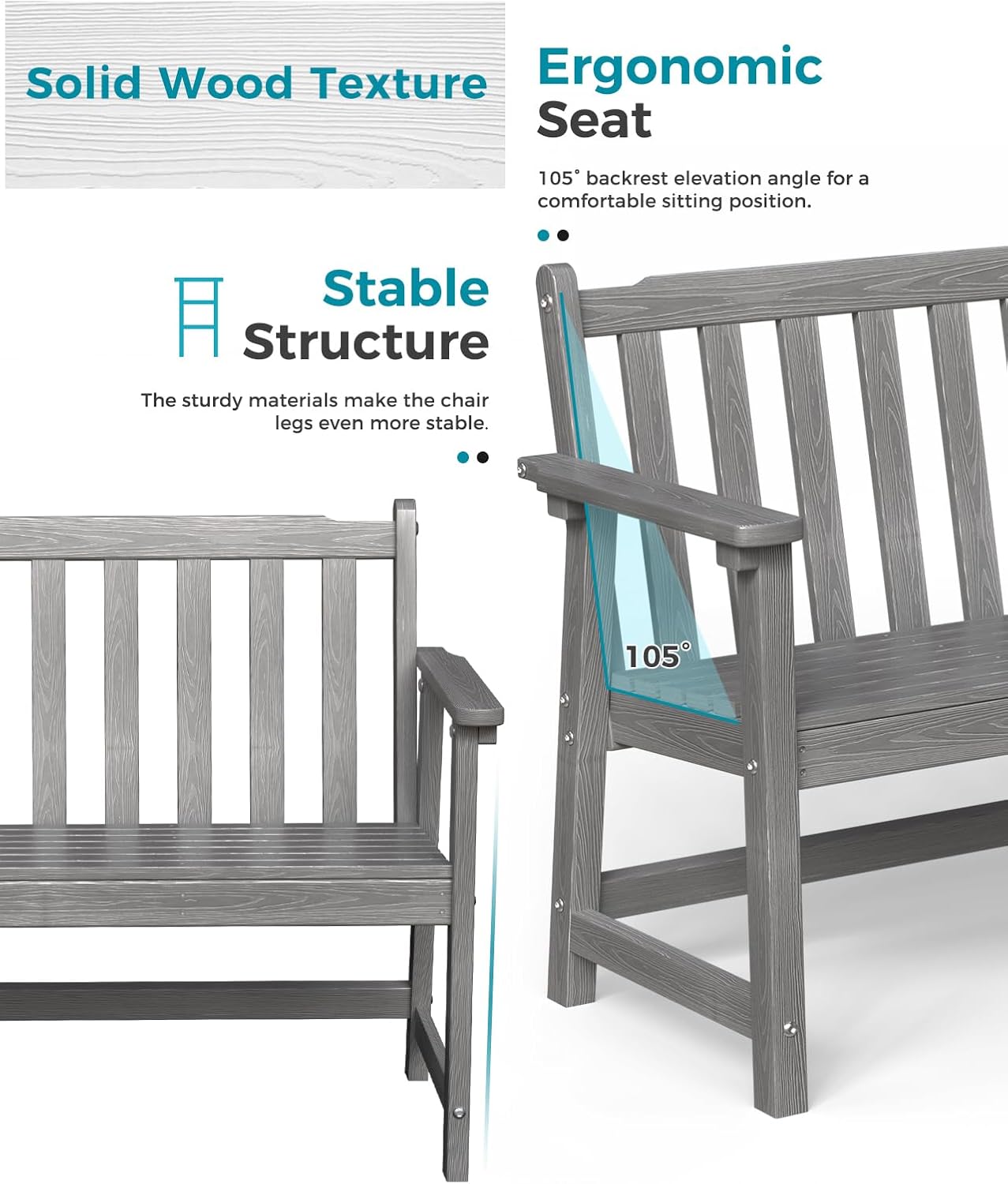 Outdoor Bench, 2-Person HDPE Garden Bench, All Weather Poly Patio Bench for Outdoors, Garden, Backyard, Porch and Park, 550 lbs Weight Capacity, Grey, 2 Pack