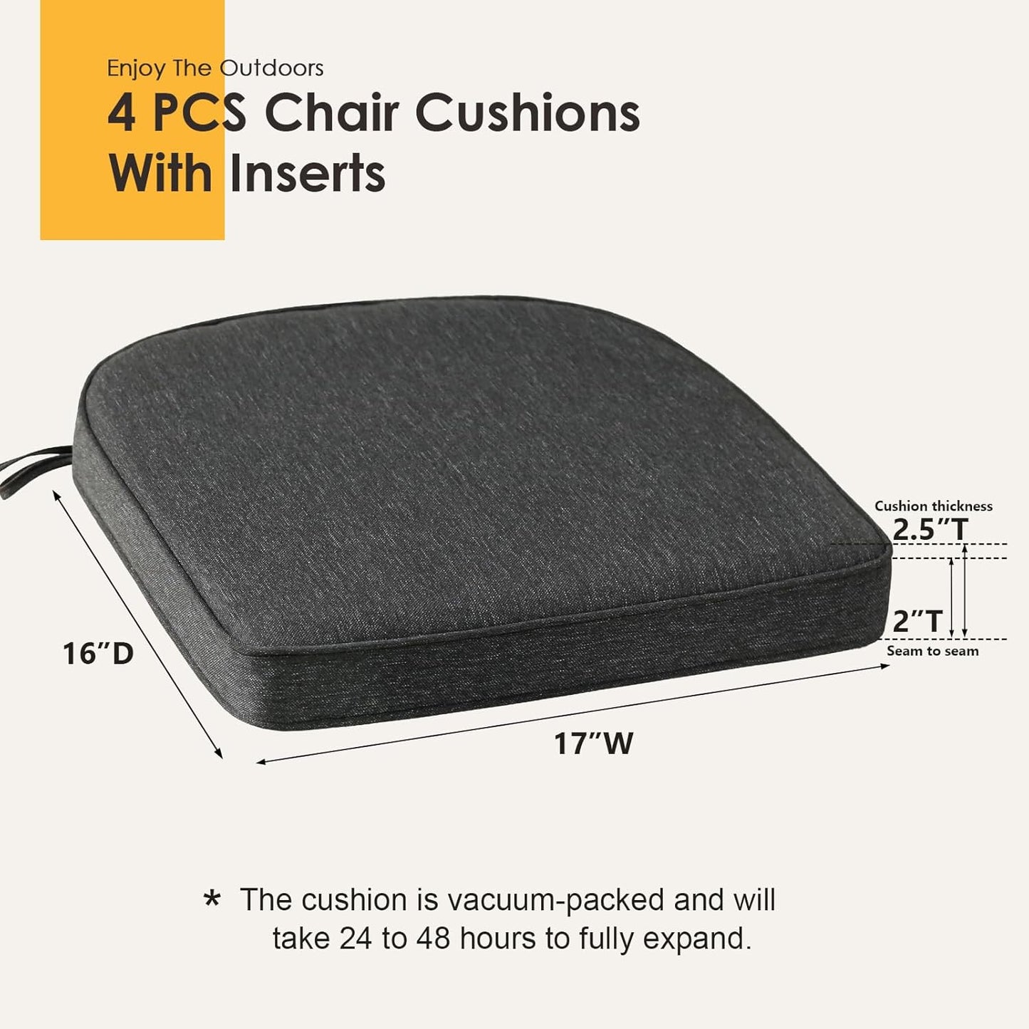 Outdoor Round Corner Seat Cushion, 17"x16"x2", Set of 4, Non Slip Seat Cushion Pads with Removable Cover for Patio Furniture, Garden Yard Lawn, Charcoal Gray