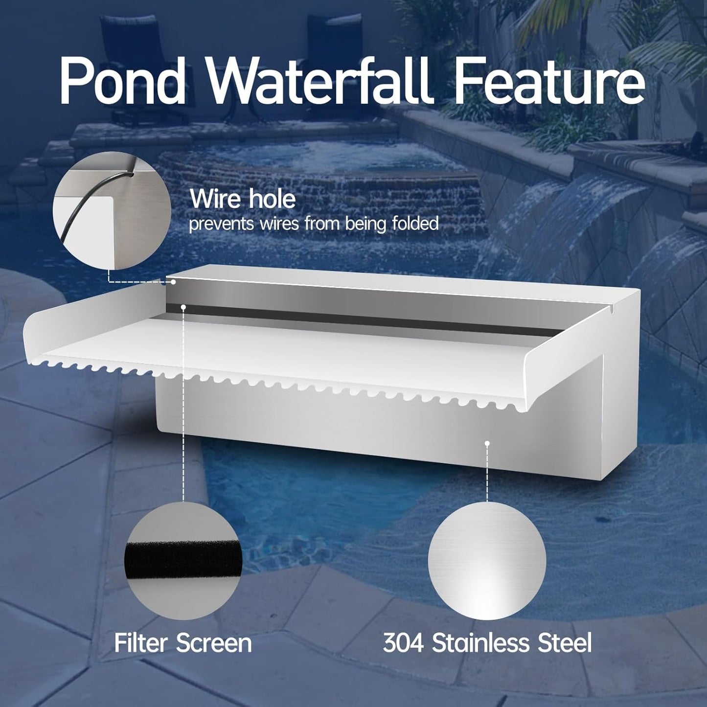 Pool Fountain Stainless Steel Pond Waterfall Spillway Kits for Indoor/Outdoor Decorative, 36 Inches Pool Water Feature for Garden Patio, Backyard Koi Pond Decor(No LED Light)