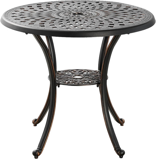 Outdoor Table Round Bistro Dining Table With Umbrella Hole for Lawn Garden, All Weather Metal Black Patio Table (31.5", Round), Bronze