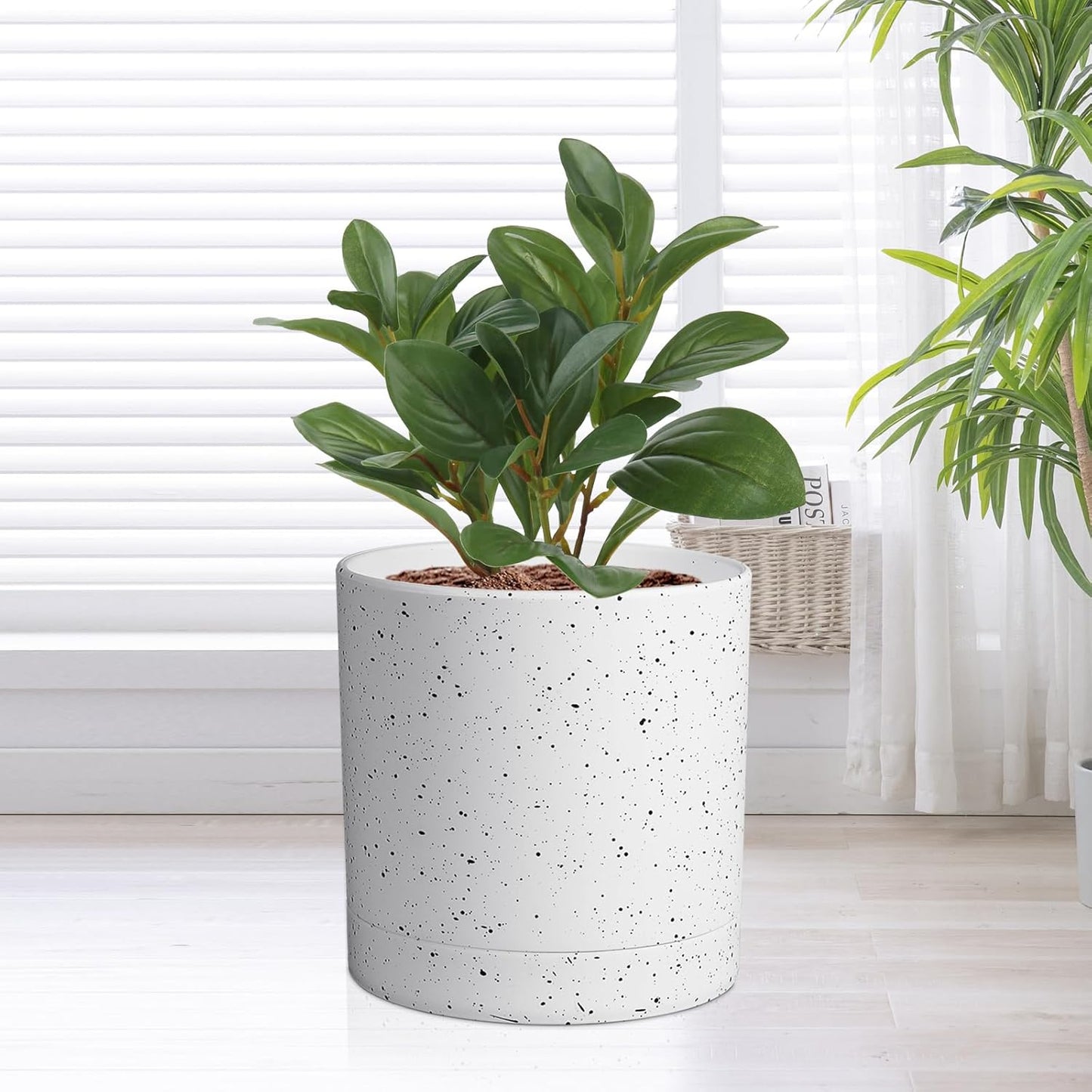 6/5/4 inch Plant Pots, 3 Pack Cylinder Flower Pots for Small Indoor Outdoor Plants, Plastic Planters with Drainage Holes and Saucers for Garden Succulent House Plants, Speckled White