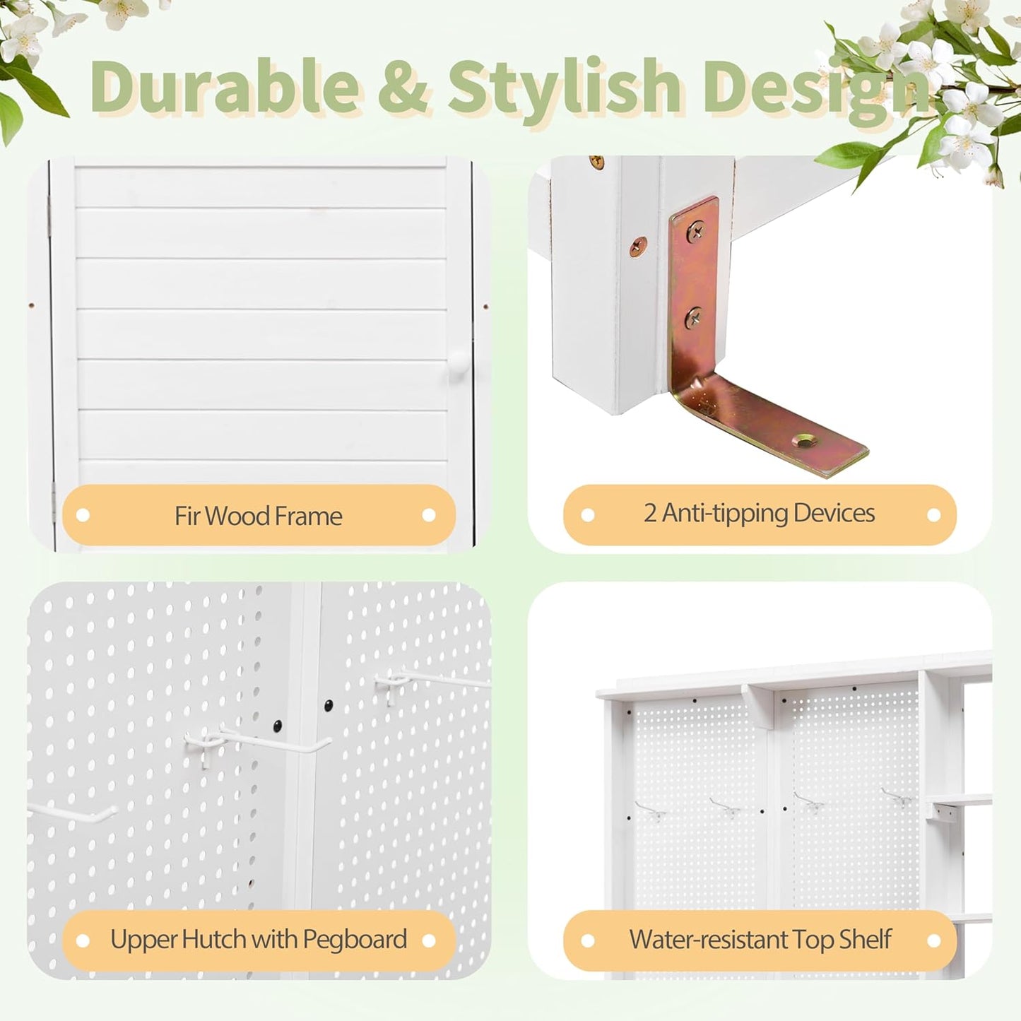 Fir Wood Potting Bench with Hutch - Outdoor Garden Workstation with 4 Shelves, Drawer & Adjustable Storage, 50.2" Countertop, & Pegboard (White + Wood + Rustic)