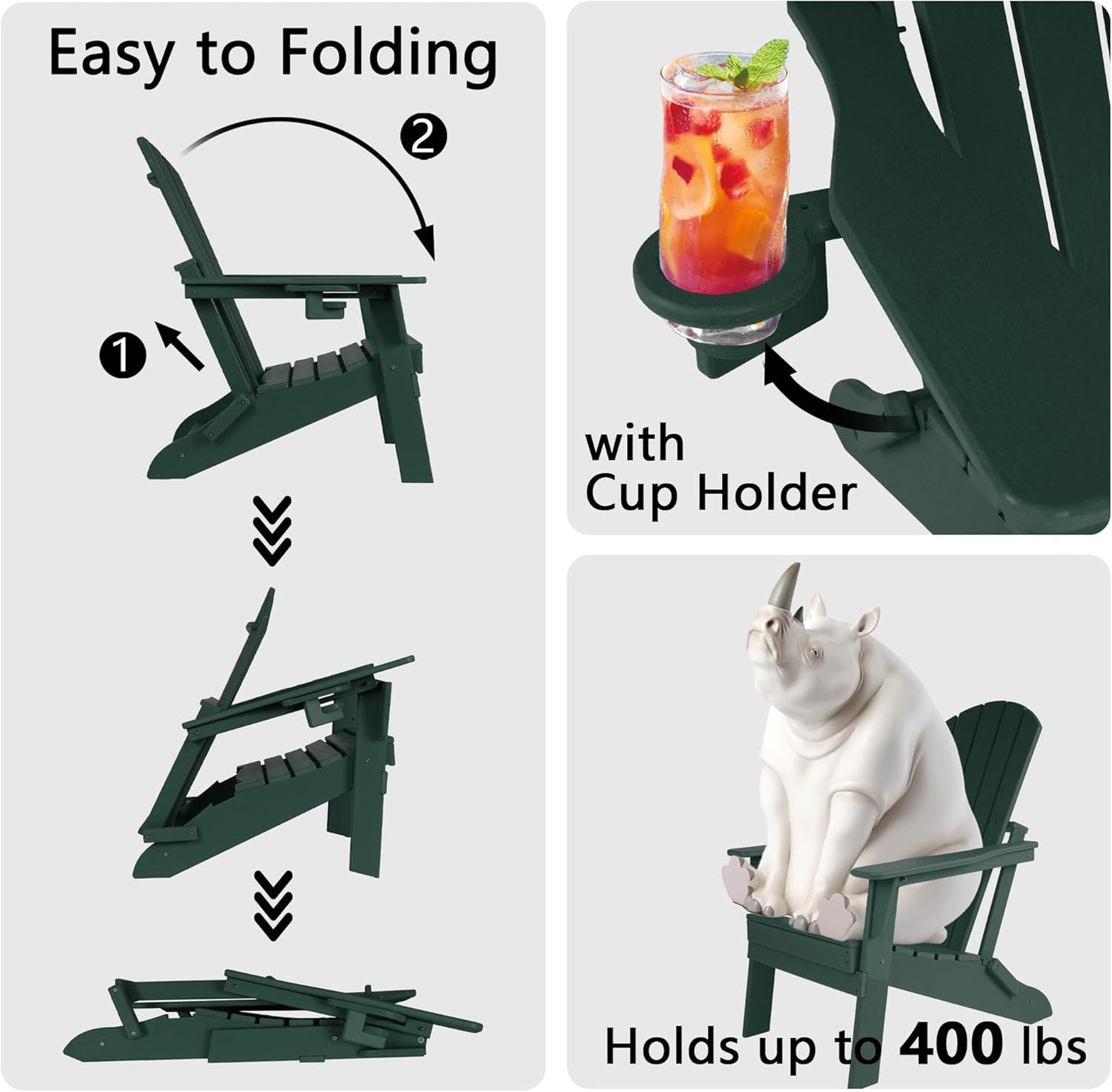 Folding Adirondack Chair - Extended Ergonomic Backrest, Cup Holder - Easy Assembly - Durable HDPE Plastic, Weather Resistant & Maintenance-Free - Lawn, Patio, Deck Supports 380lbs Green