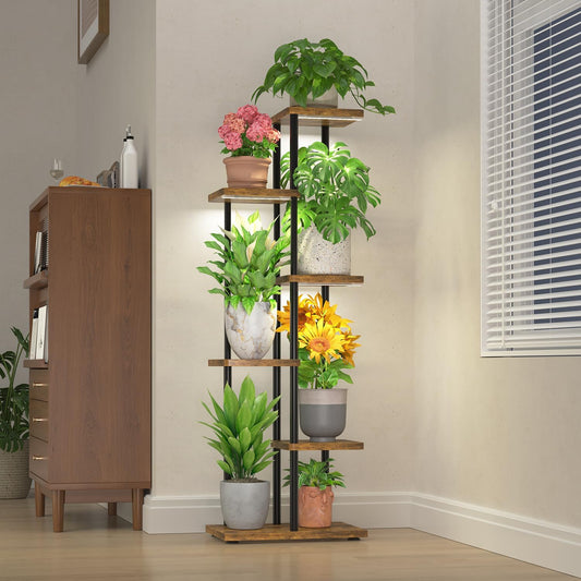 LASZOLA Black 5 Tier Wood Tall Plant Stand Indoor with Grow Lights, Large Heavy Duty Vertical Corner Rack for Multiple Planter, Sturdy Metal Rustic High Flower Shelf Holder Organizer for House Patio