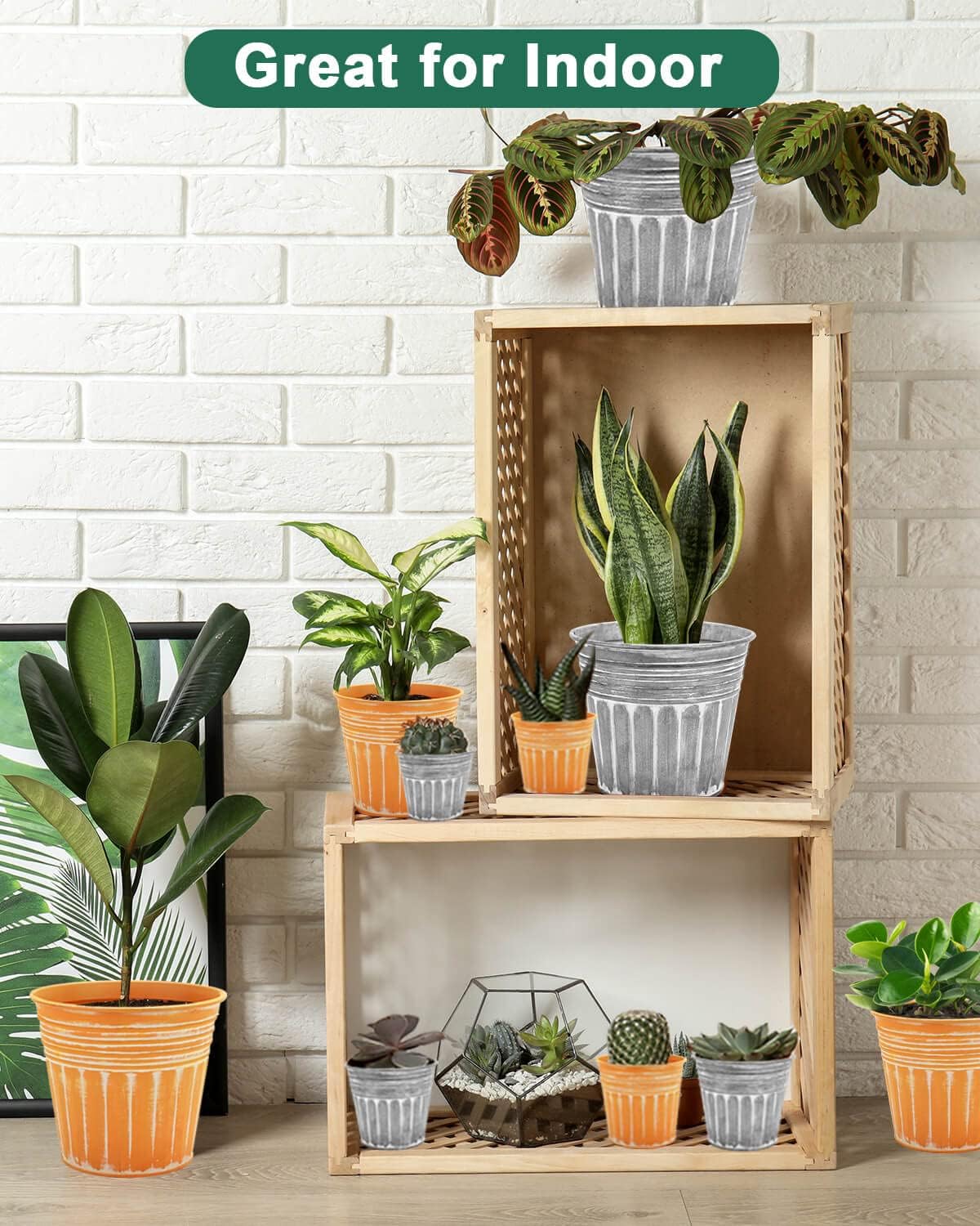 vensovo 7 Inch Orange Metal Rustic Flower Pots - 6Pcs Medium Galvanized Planters with Drainage Hole and Rubber Plug, Rustproof Metal Bucket Plant Pots Farmhouse Vintage Style for Decor