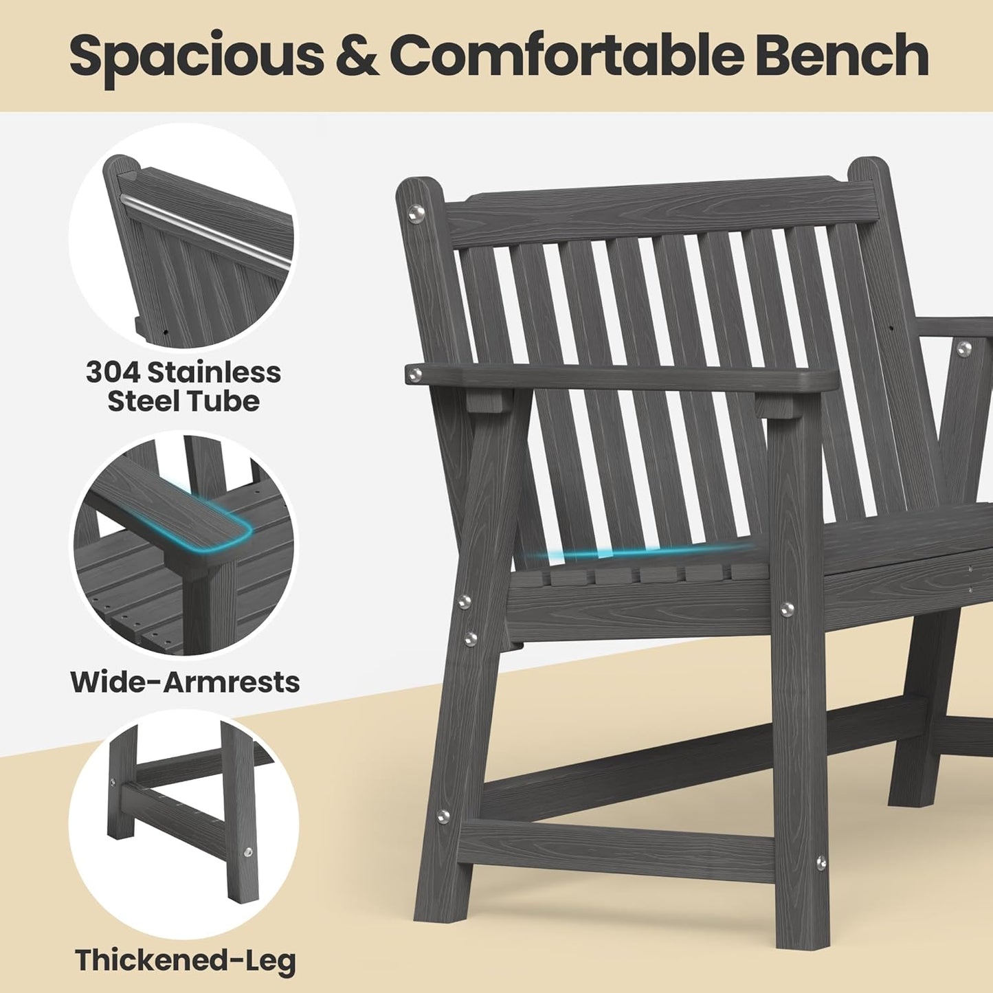 Ciokea 44" Outdoor Bench Set of 2, HDPE Weatherproof Garden Bench, 2-Person Memorial Benches with 550 Lbs, Waterproof Patio Porch Benches for Outside Balcony Deck Backyard, Dark Grey