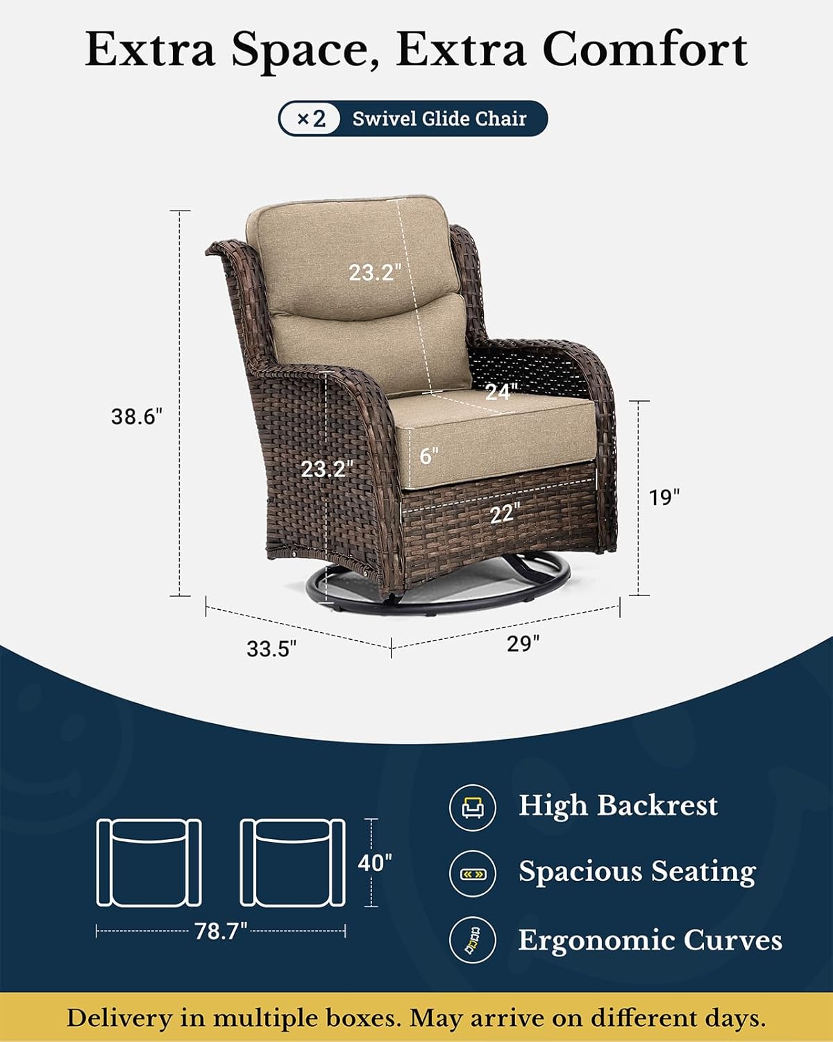 HILLGA Luxury Patio Furniture Set with 6-inch Thick Cushion, Outdoor High Back Swivel Rocker Patio Chairs, 2PCS Wicker Conversation Set for Deck Yard and Poolside, Beige (V2)