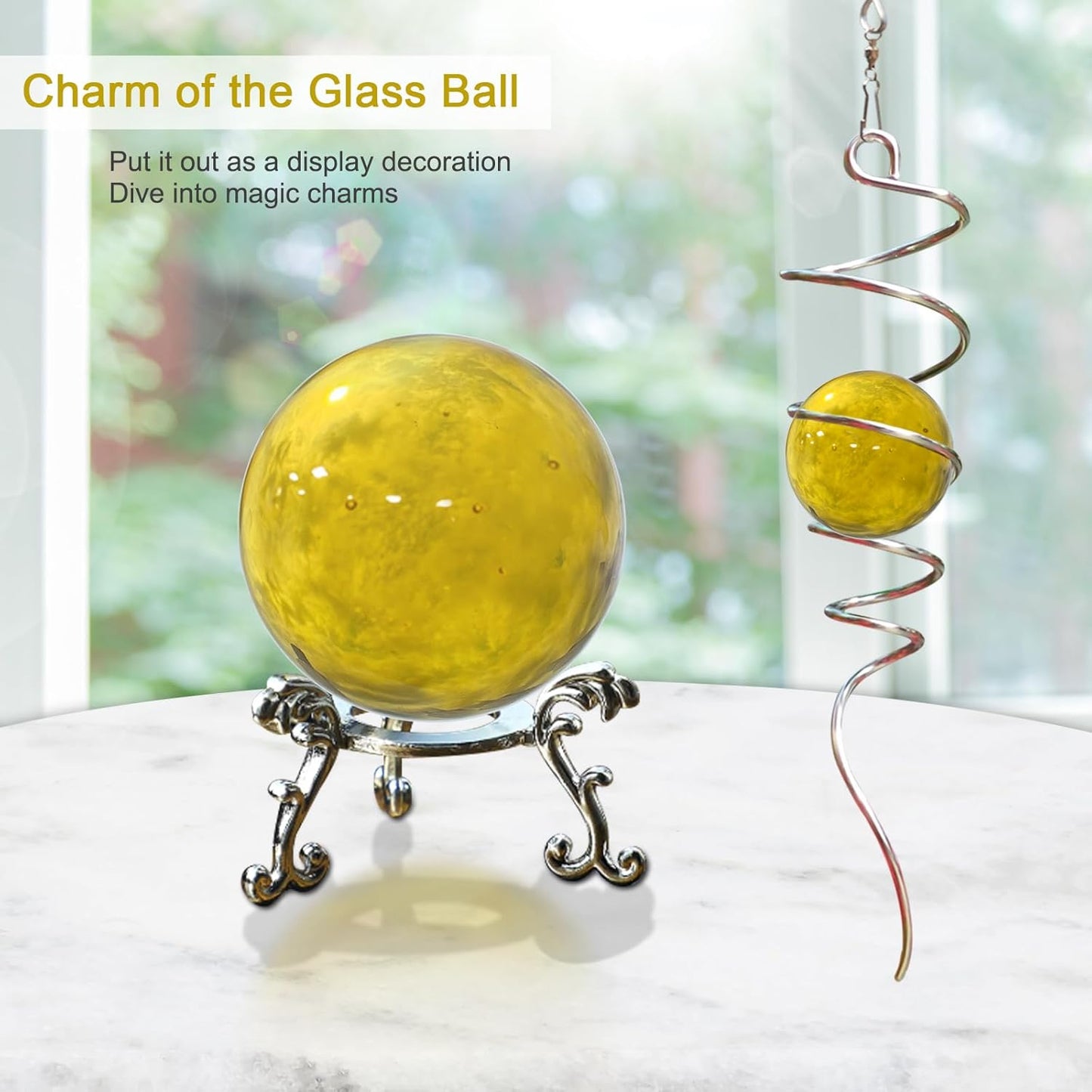 Gazing Ball Spiral Tail with Gold Glass Orb - Wind Spinners Stabilizer for Wind Spinner, Decorative Hanging Decoration Decor for Garden Yard Patio Indoor Outdoor Creative Gift 13" Height