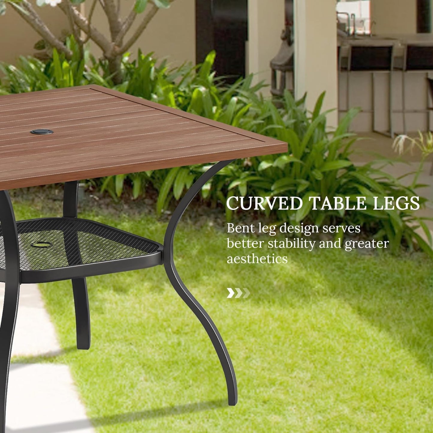 VICLLAX 5 Pieces Patio Dining Set, Outdoor Furniture Set Includes 37.8" Square Outdoor Table and 4 Stackable Patio Sling Chairs, Walnut Tabletop and Brown Fabric