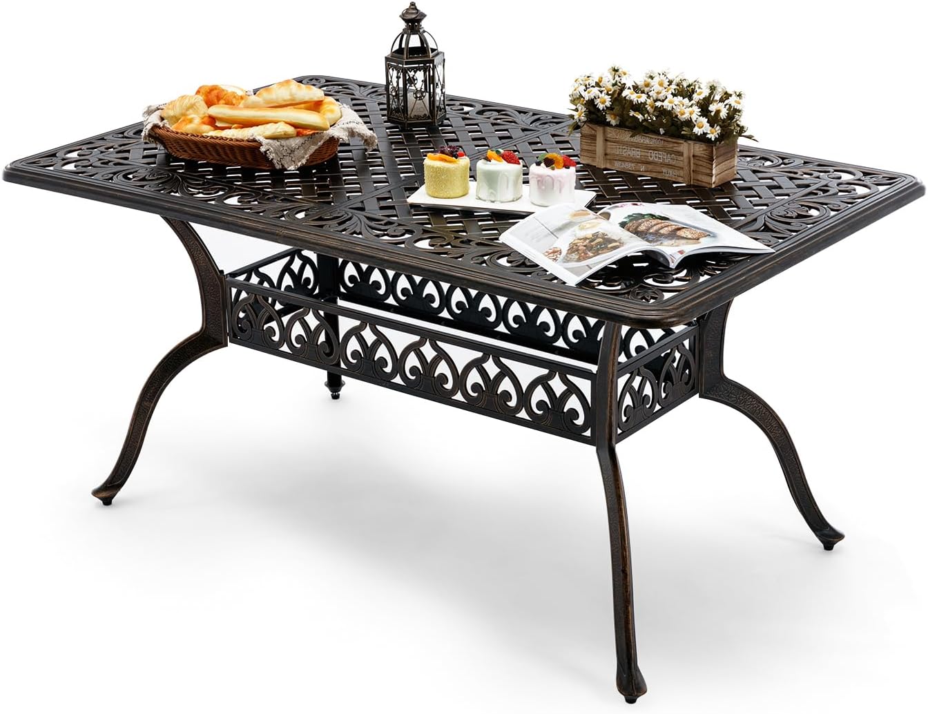 𝐀𝐢𝐥𝐢𝐬𝐦𝐚𝐢𝐥 59” Patio Outdoor Dining Table for 6, Cast Aluminum Rectangle Patio Dining Table Weather Resistant with 2" Umbrella Hole for Patio Deck Garden (Bronze, 59" Classic Table)