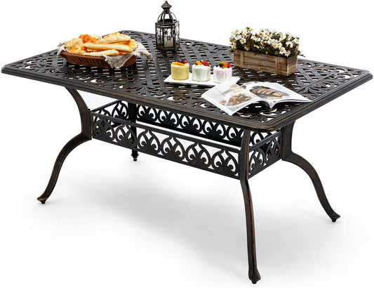 𝐀𝐢𝐥𝐢𝐬𝐦𝐚𝐢𝐥 59” Patio Outdoor Dining Table for 6, Cast Aluminum Rectangle Patio Dining Table Weather Resistant with 2" Umbrella Hole for Patio Deck Garden (Bronze, 59" Classic Table)
