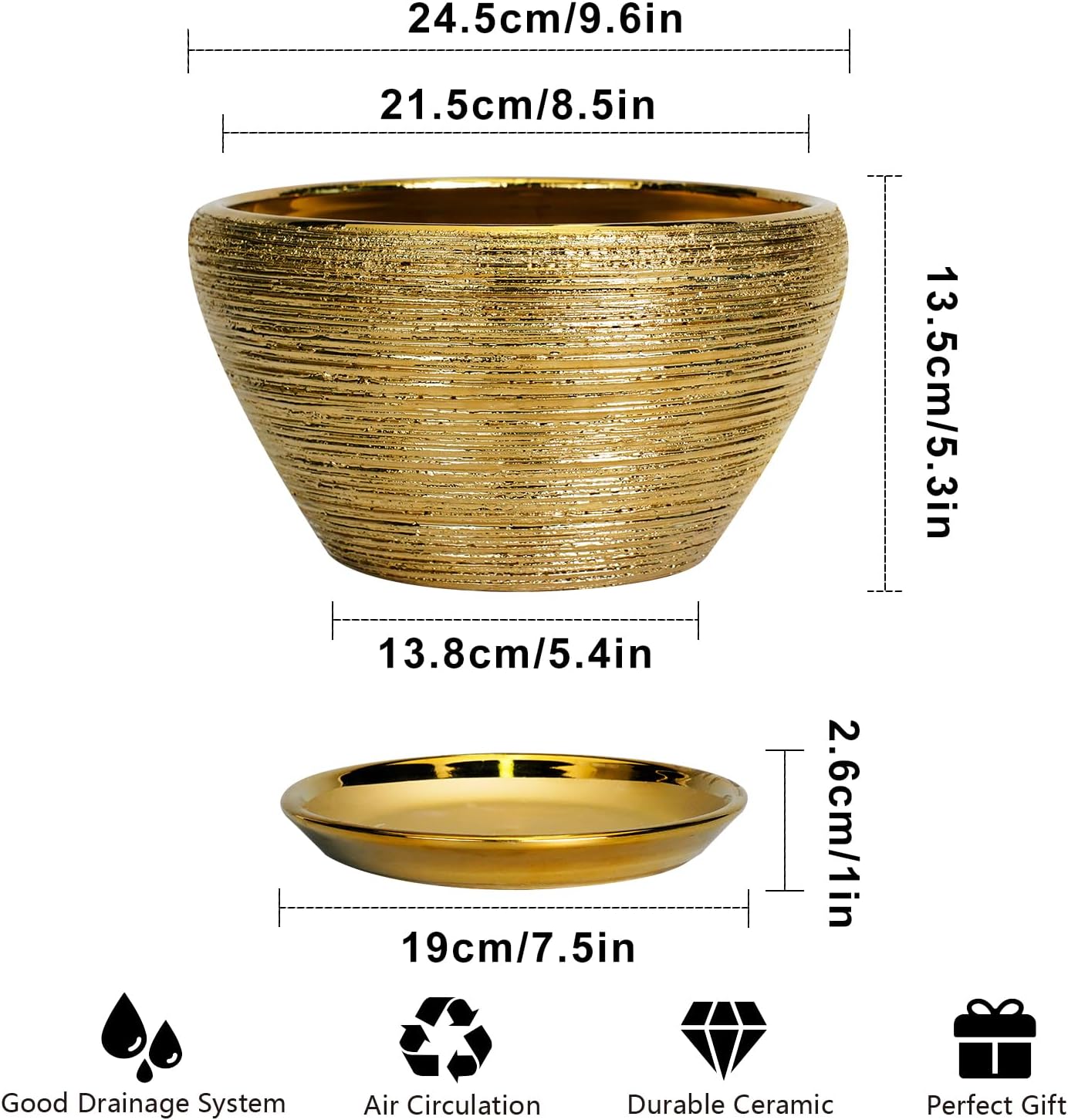 Ceramic Plant Pot Indoor - 9 Inch Planters for Outdoor Plants Decorative Plant Pot with Drainage Hole and Saucer Round Planter Modern Flower Pot Decorative for House Decor Gold