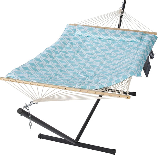 SUNCREAT Patio Hammock with Stand Included, Portable Double Hammock with Stand, Green Pattern