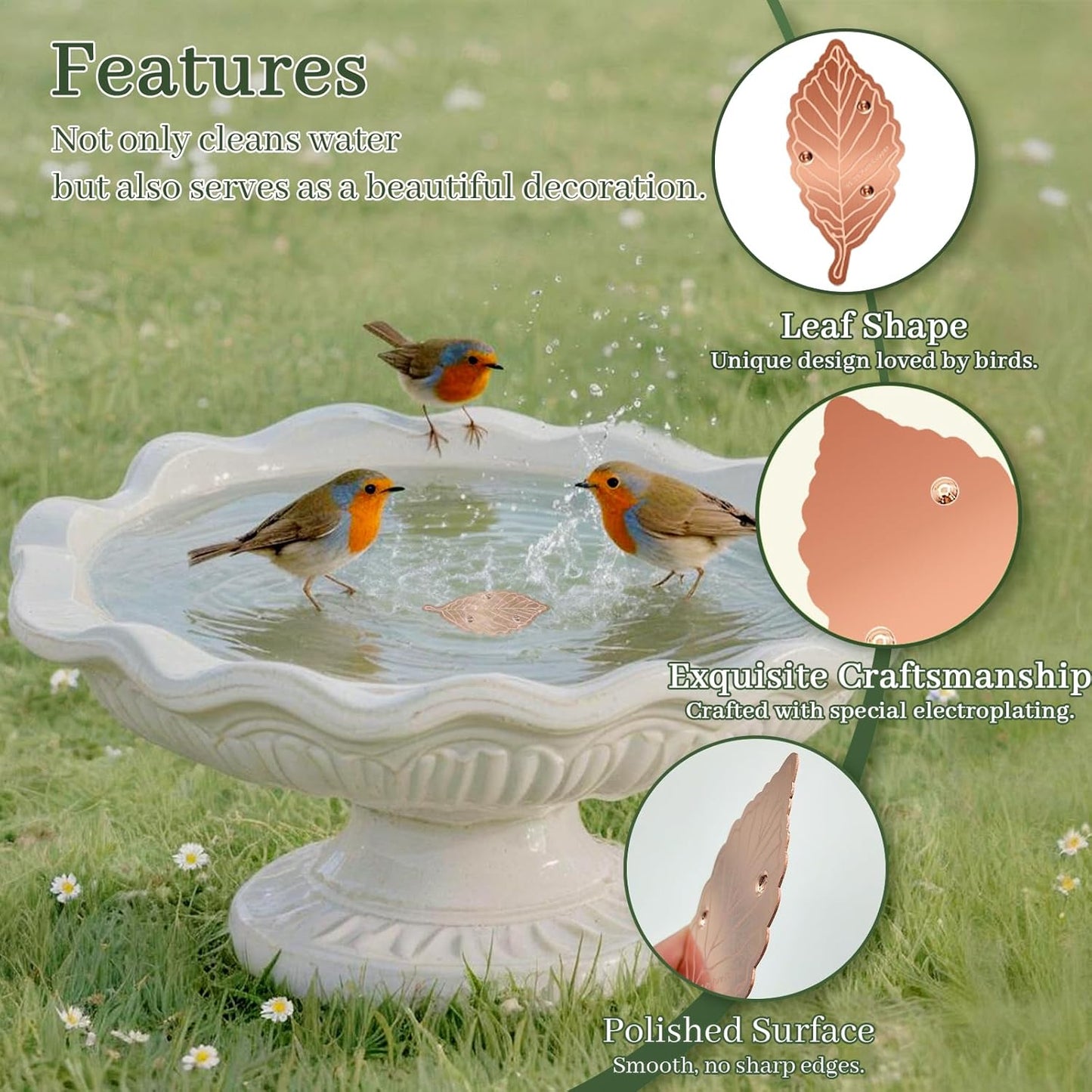 Bird Bath Copper Disk,Bird Bath Purification Disk 0.6mm Reinforced 99.99% Pure Copper Cleaning Disk with 3-Point Support,Fits Outdoor Birdbath & Bowl,Provide Safe Clean Water,Leaf-4Pcs