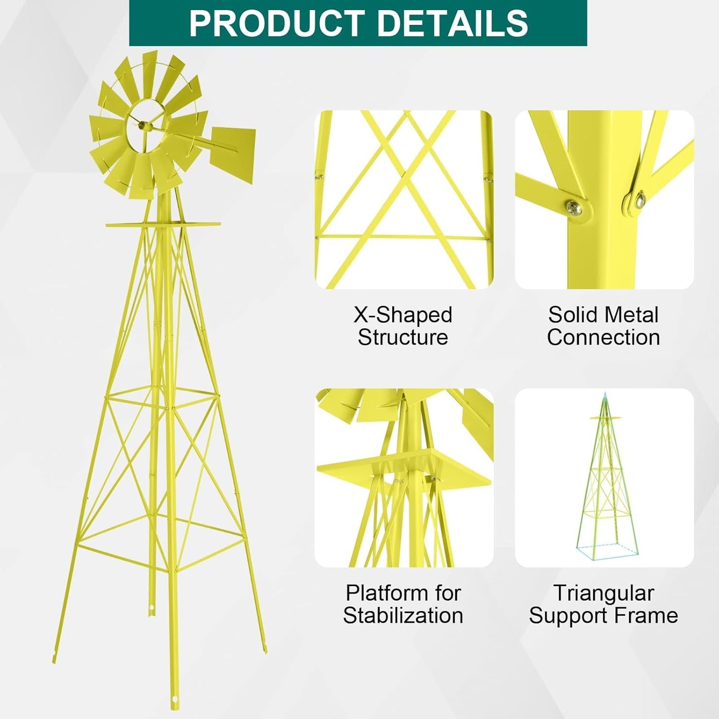 8FT Windmill for Yard Garden Decoration with Weather Vanes，Heavy Duty Outdoor Wind Mills, Large Metal Outdoor Windmill,Weather Resistant,Yellow