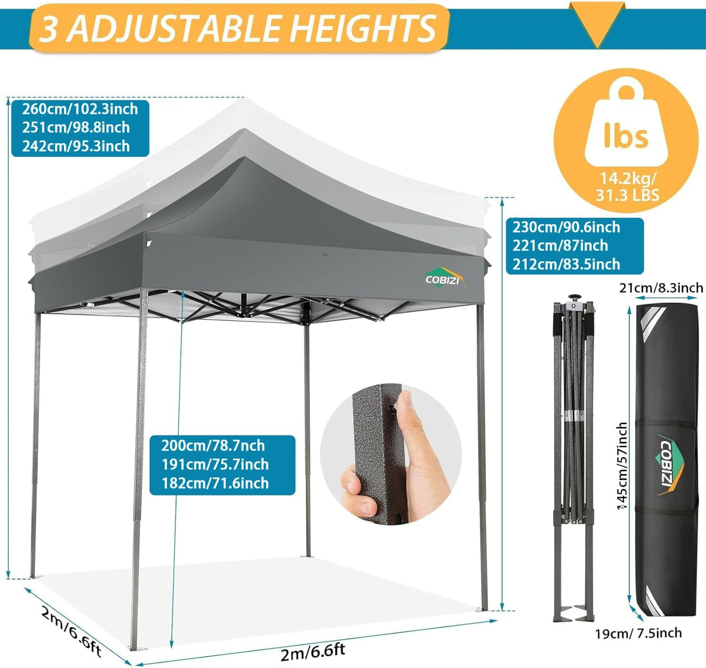 COBIZI 6.6x6.6 Pop Up Canopy Without Sidewall,Heavy Duty Canopy UPF 50+ All Season Wind Waterproof Commercial Outdoor Party Tents for Parties Canopy Gazebo with Storage Bag(6.6 x 6.6 ft Gray)