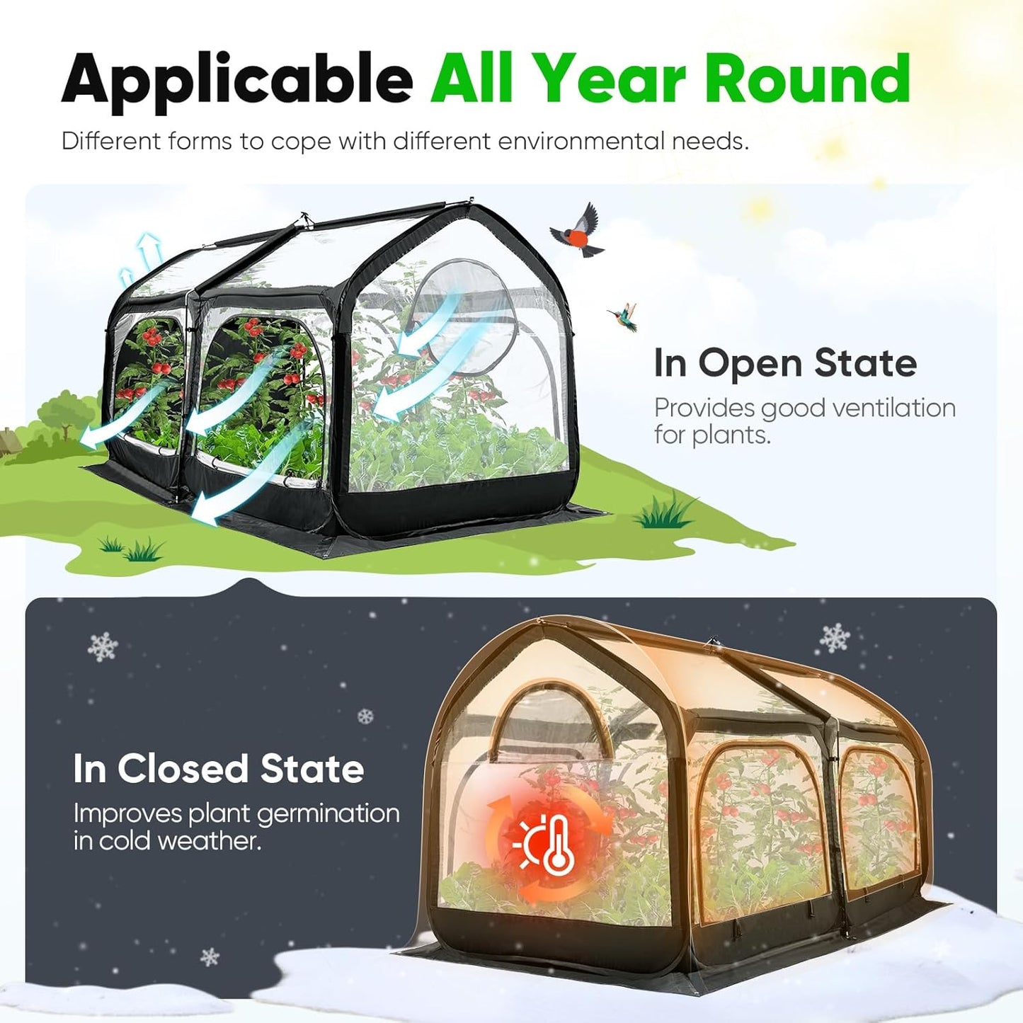 Quictent Premium Greenhouse with Screen Window, Portable Fast-up Plant Greenhouses for Outdoors with Heavy Duty Pop-up Fiberglass Frame Durable Waterproof Cover, 98.4x49.2x52.8 Inch, Black