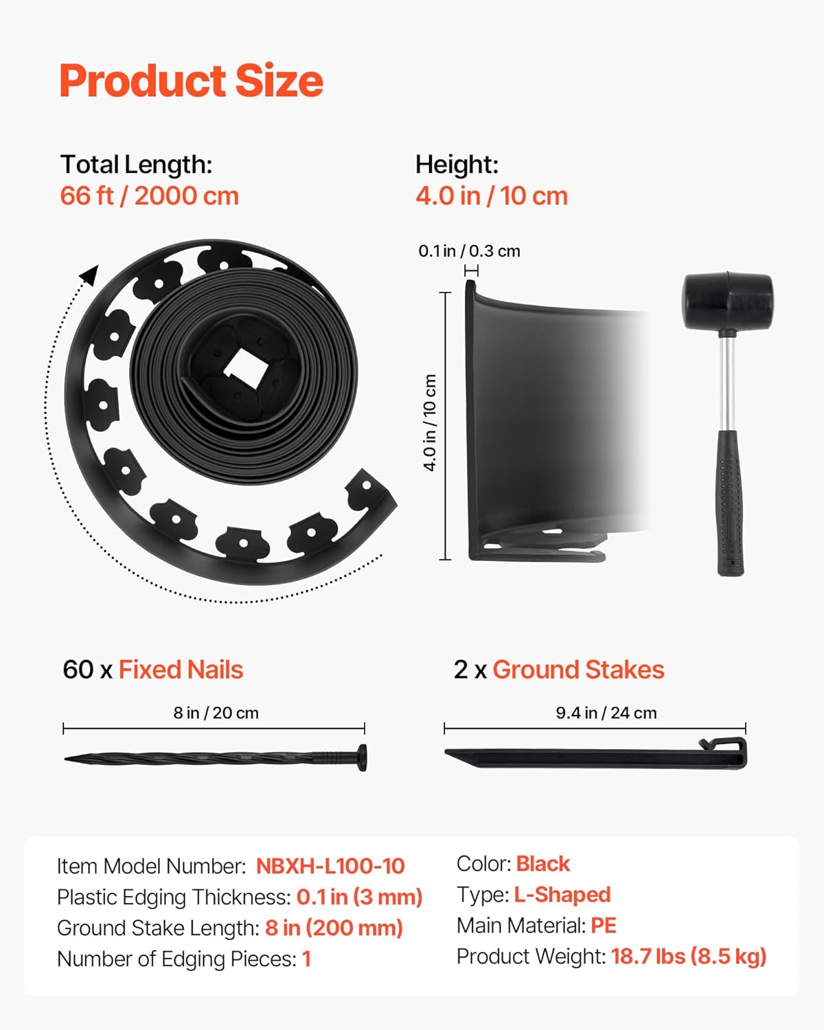 VEVOR Landscape Edging, 66 ft x 4 in Plastic Garden Border Edging with 60 Spikes & 2 Ground Stakes, No Dig, Flexible Lawn Edgings Roll, UV-Resistant Mini Fence Borders for Flower Beds Yard Paver