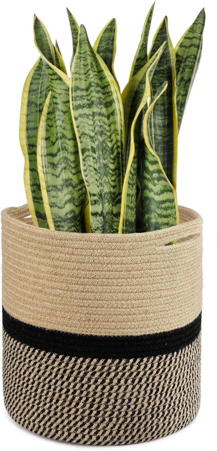 TIMEYARD Sturdy Jute Rope Plant Basket Modern Woven Basket for 11" Flower Pot Floor Indoor Planters, 12'' x 12'' Storage Organizer Baskets Rustic Home Decor, Black and Beige Stripes