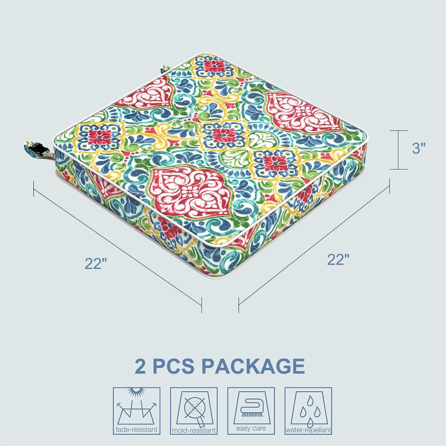 LVTXIII Patio Chair Cushions 22"x22"x3", Water-Repellent Outdoor Seat Cushions for Patio Furniture, Square Chair Pads with Ties for Home Garden Decoration, Set of 2, Damask Red