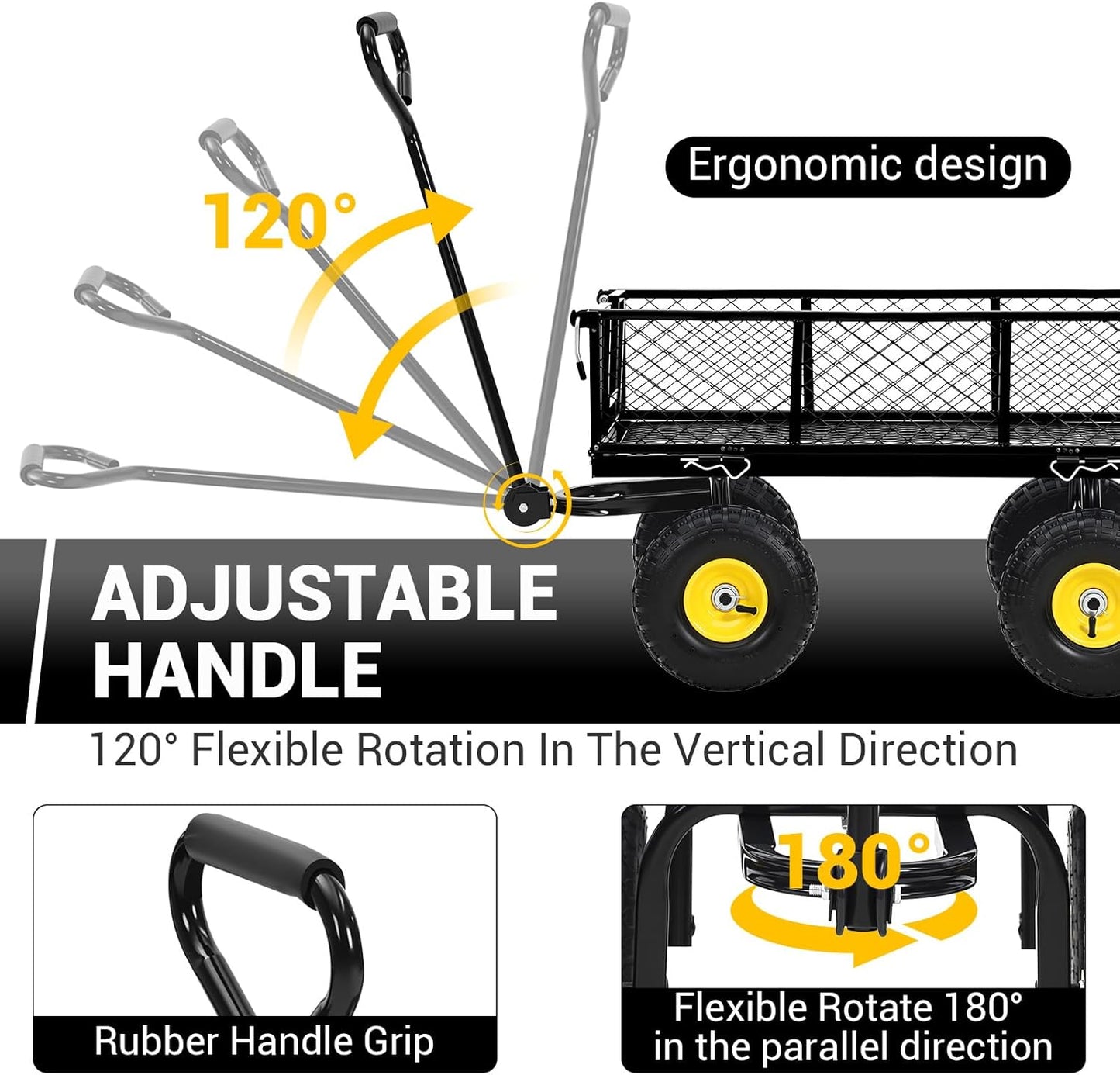 Heavy Duty Steel Garden Cart, 550LBS Pullable Metal Garden Wagon with 10" Wheels, 180° Rotating Handle and Removable Sides for Outdoor, Farm, Yard, Beach ﻿