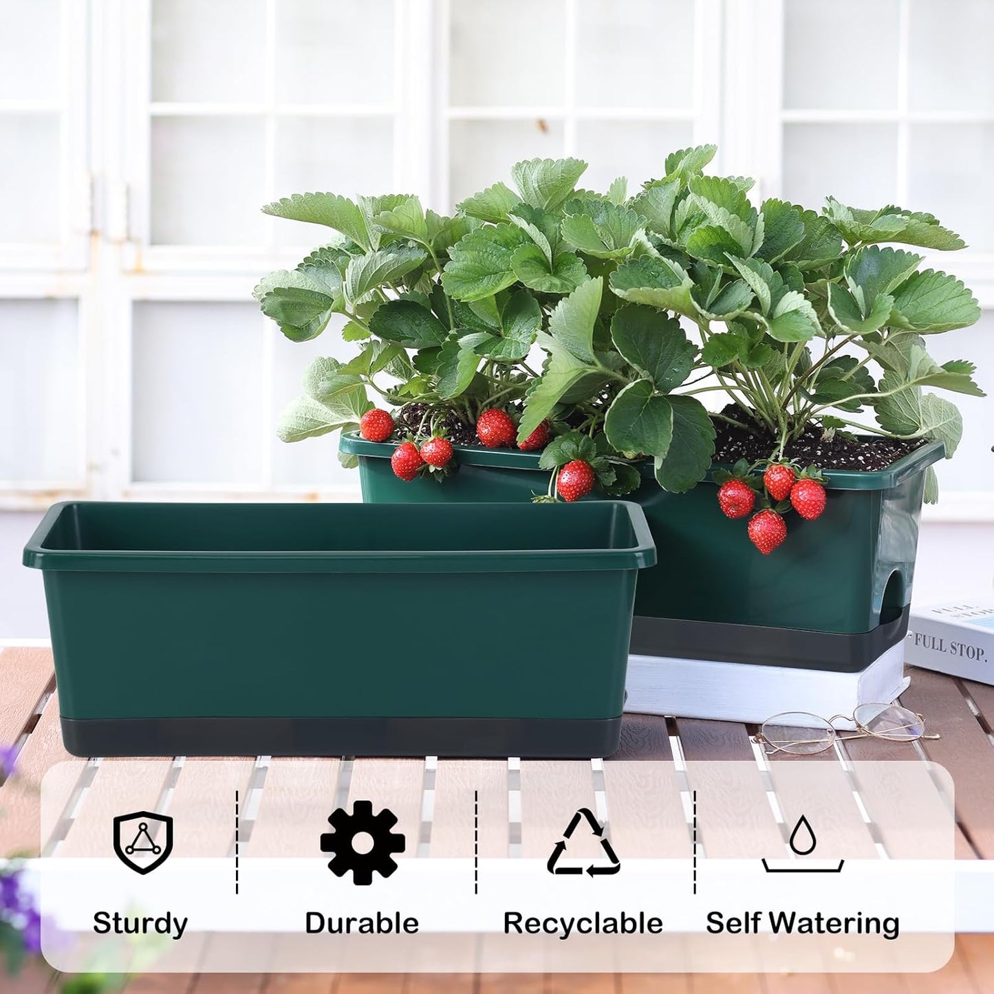 Window Box Planter 8 Pcs, 17 Inches Rectangle Flower Pots with Drainage Holes and Trays, Vegetable Planters for Windowsill Patio Garden Balcony Home Porch Yard Indoor Outdoor (Dark Green)