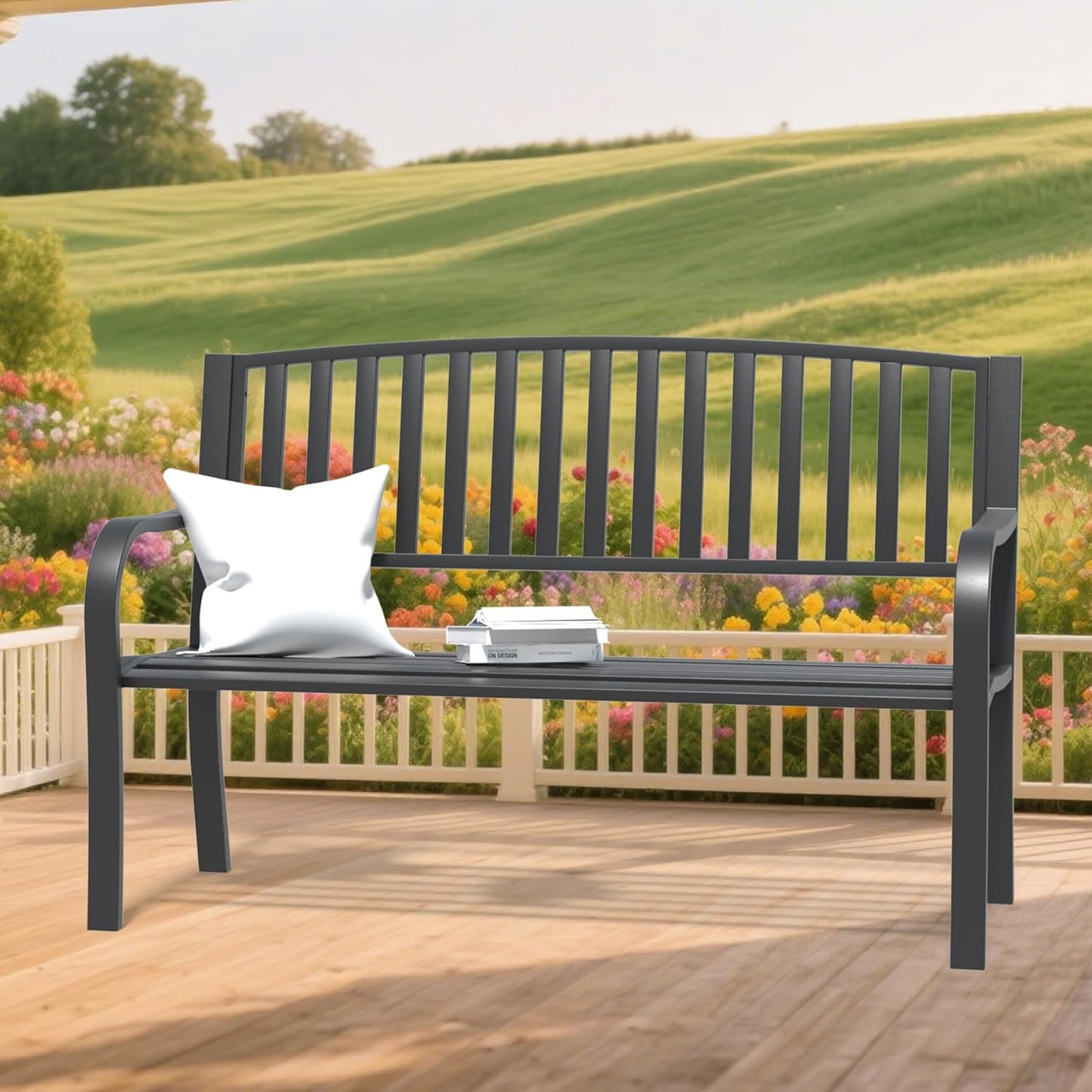 YLGJ&TIDY 50" Outdoor Bench, Metal Garden Bench, Patio Park Bench with Backrest & Armrests, Rust-Resistant, Perfect for Gardens, Parks, Porch, Lawn and Yard (BENCH08)