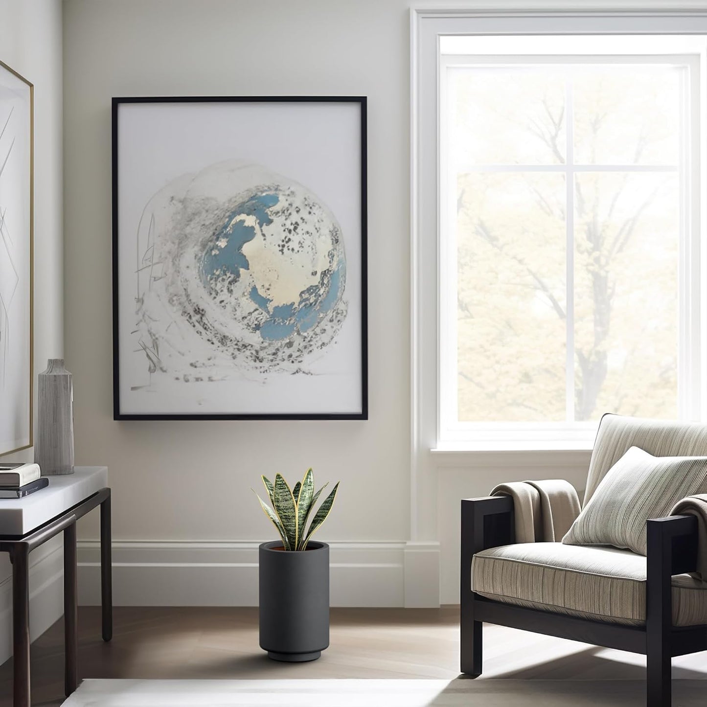 Kante 15.7 Inch Tall Concrete Planter, Round Pedestal Design Garden Pot for Indoor Outdoor Plants, Modern Garden Pot with Drainage Hole, Black Finish with Warm Brown Interior