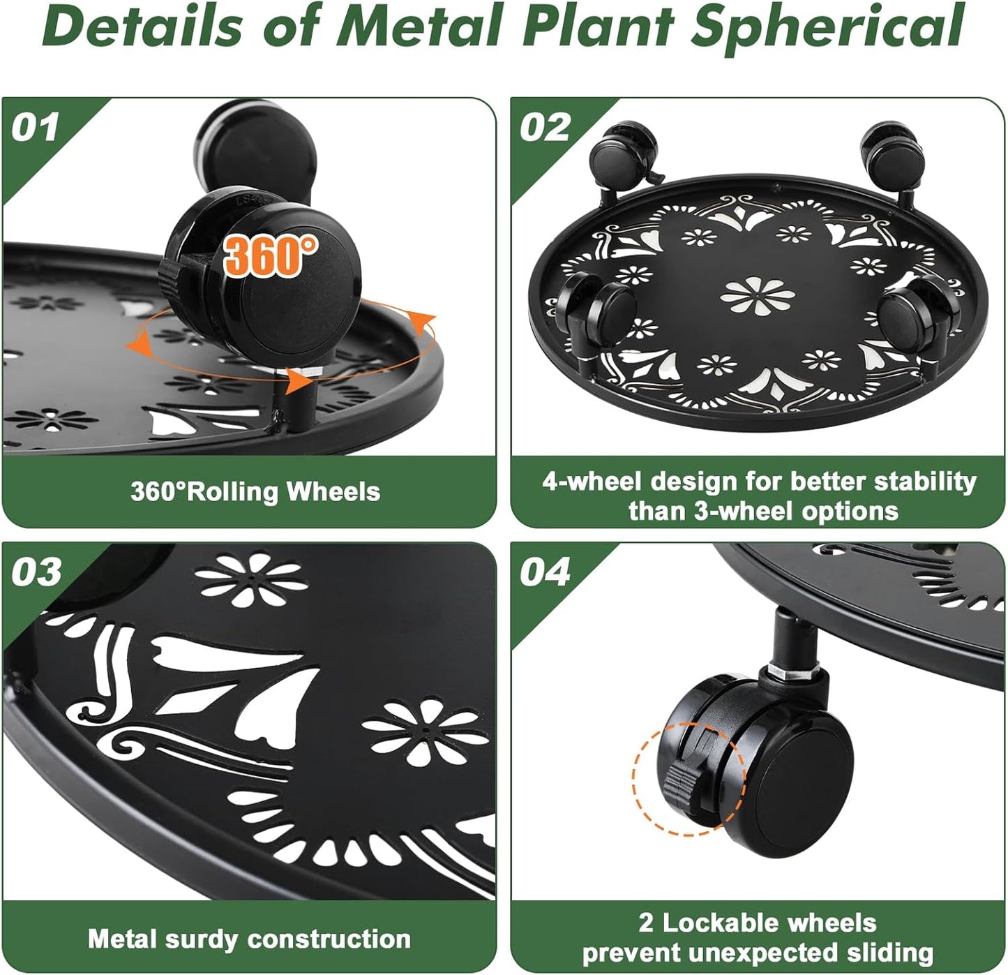 4 Pack Rolling Plant Caddy with Wheels 12 Inch, Plant Rollers with Wheels Metal Plant Caddy with Wheels Heavy Duty Plant Stand for Large Plants, Matte Black Rolling Planter Base, 4 Wheels for Planters