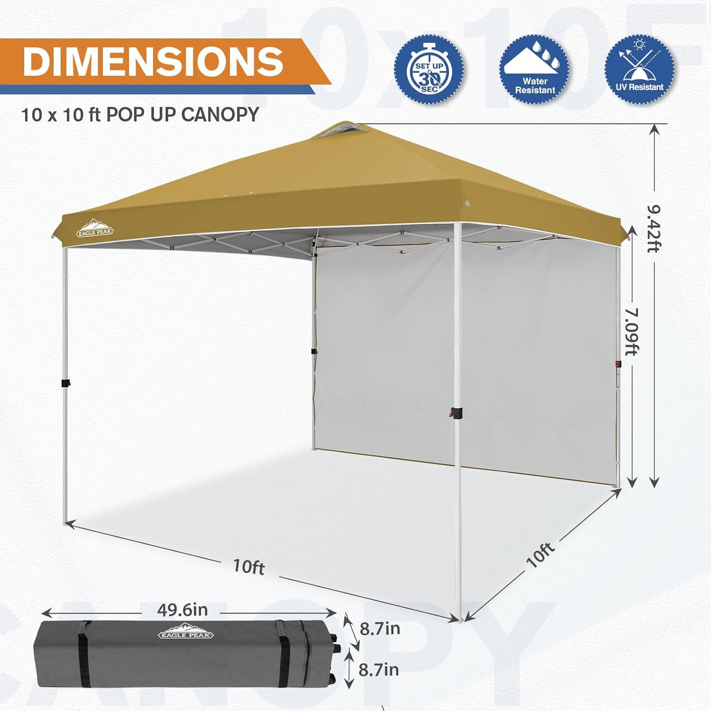 EAGLE PEAK Pop Up Canopy Tent with 1 Sidewall, Easy Setup Event Tent, Outdoor Sun Shade, Wheeled Carry Bag, Stakes and Guy Ropes, Instant Canopy 10x10, Beige