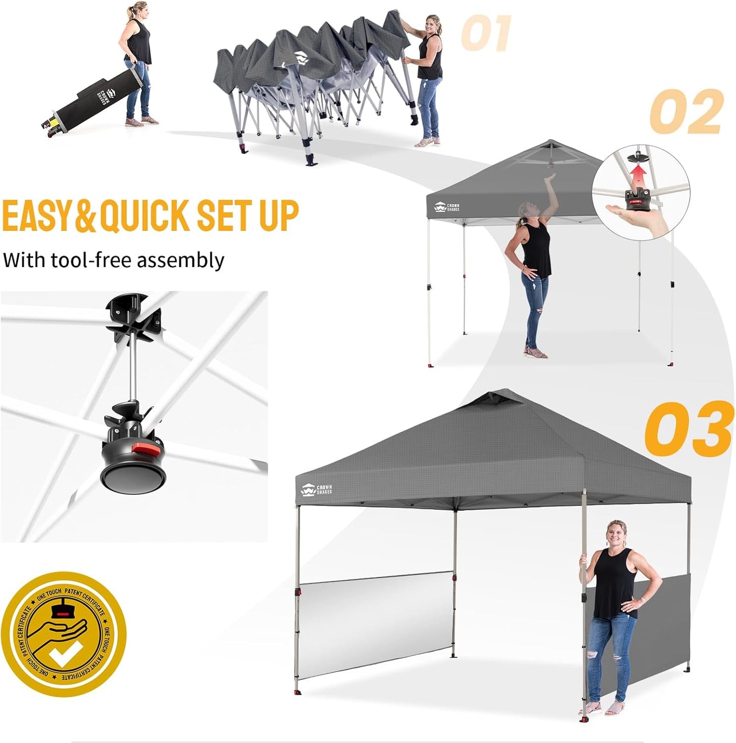 CROWN SHADES 10x10 Pop up Canopy Tent Instant Canopy with 150D Silver Coated Fabric Including 2 Half Sidewalls, 4 Ropes, 8 Stakes, 4 Weight Bags, STO 'N Go Bag, Grid Grey