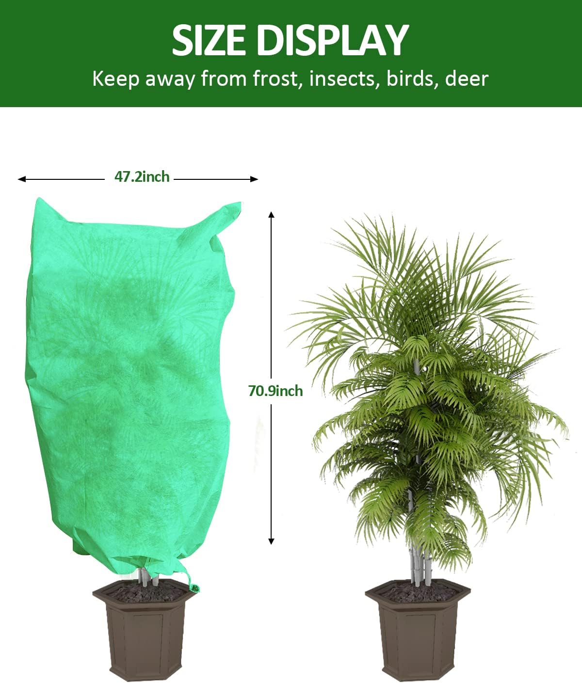 EAONE 4 Pack Plant Covers Freeze Protection, 47x71'' Winter Frosts Cloth for Outdoor Plants, Reusable Frost Blankets Drawstring Bags for Cold Freeze Sun Protection Bird Insect Prevention, Green