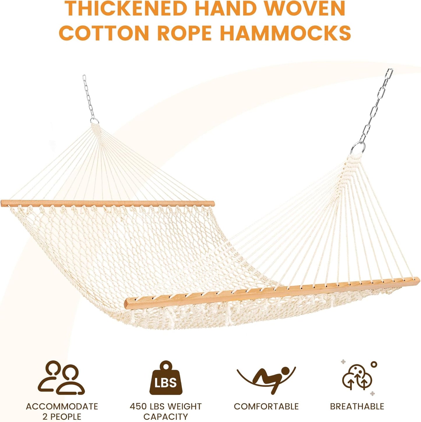 Lazy Daze Hammocks Double Rope Hammock, 2 Person Traditional Outdoor Hand Woven Cotton Rope Hammock with Spreader Bar, Chains, Tree Straps for Patio Yard - Max 450 Lbs, Natural
