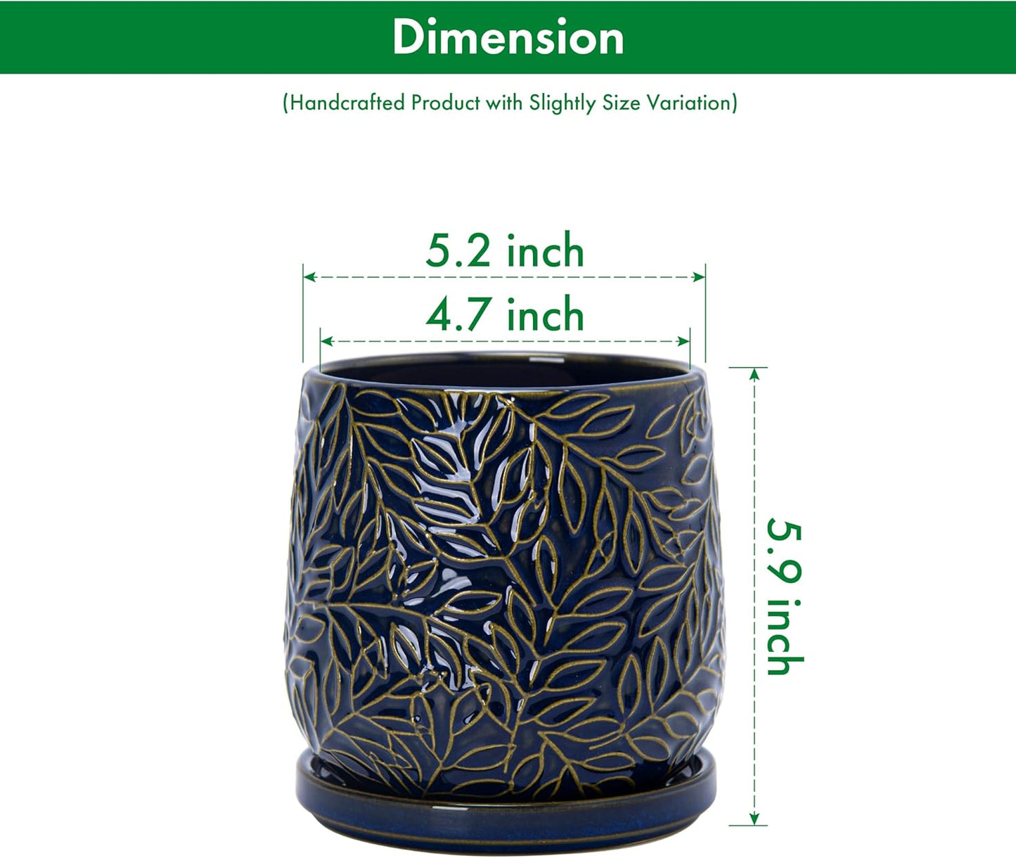 D'vine Dev 5 Inch Embossed Leaves Stoneware Planter Pot with Drainage Hole and Saucer, Midnight Blue, Set of 2, 27-F-V-3