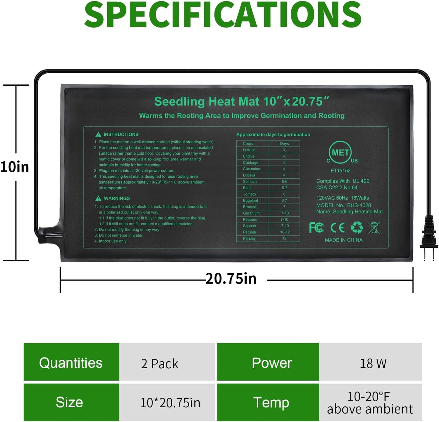 Seedling Heat Mat, 10"x 20.75" Plant Heating Pad for Home Gardening Seed Starting, MET Certified Waterproof Durable Germination Station Heat Mat