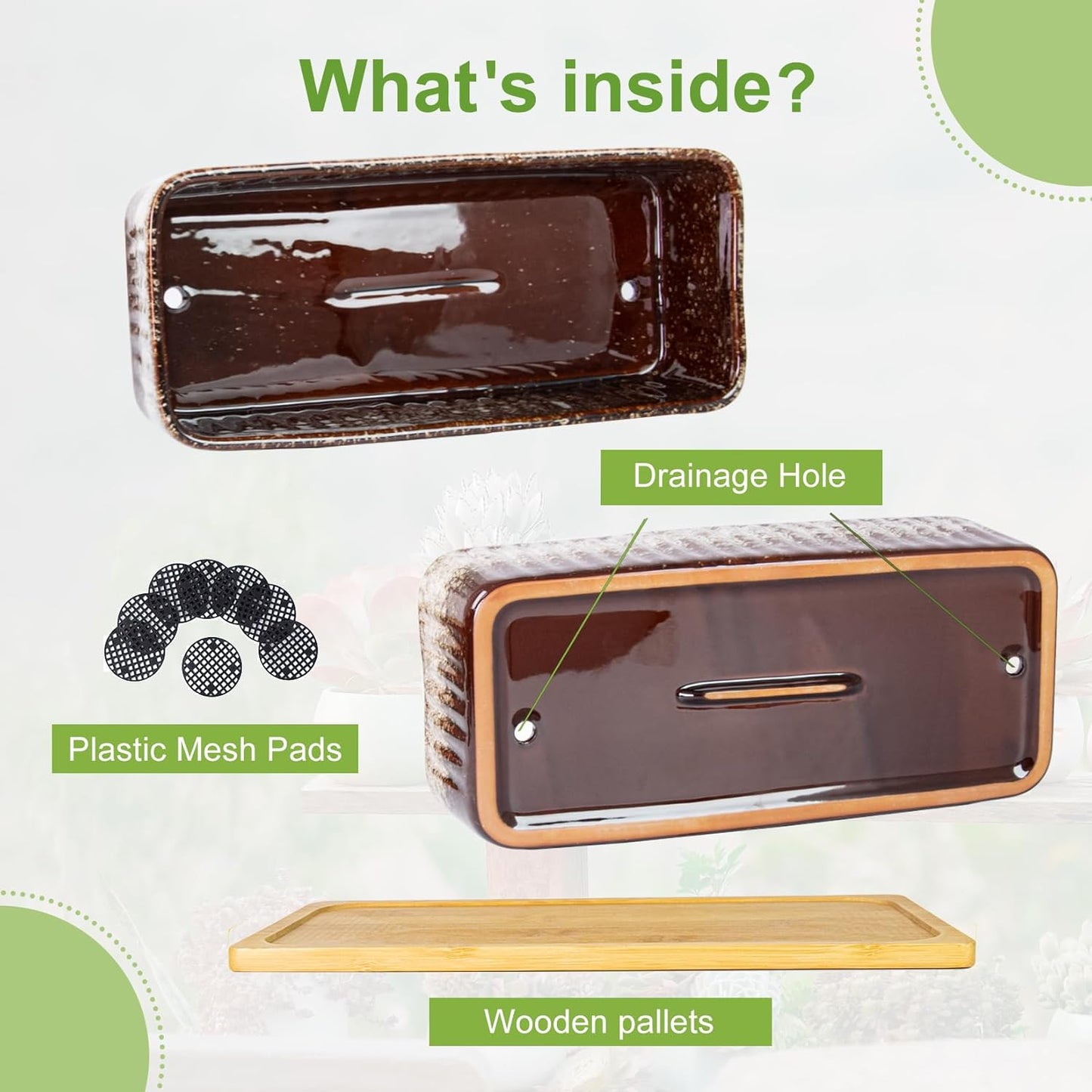 Succulent Pots - 12 Inch Large Succulent Planters with Drainage Tray, Window Sill Planter, Long Rectangle Ceramic Pots for Indoor Cactus Plants Shallow Bonsai Window Box for Home Garden Decor