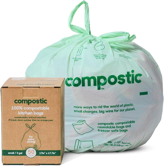 Home Compostable Trash Bags, 3 Gallon Small Kitchen Rubbish Bags (17” x 17.7”), Extra Strong & Quickly Breaks Down, 50 Count
