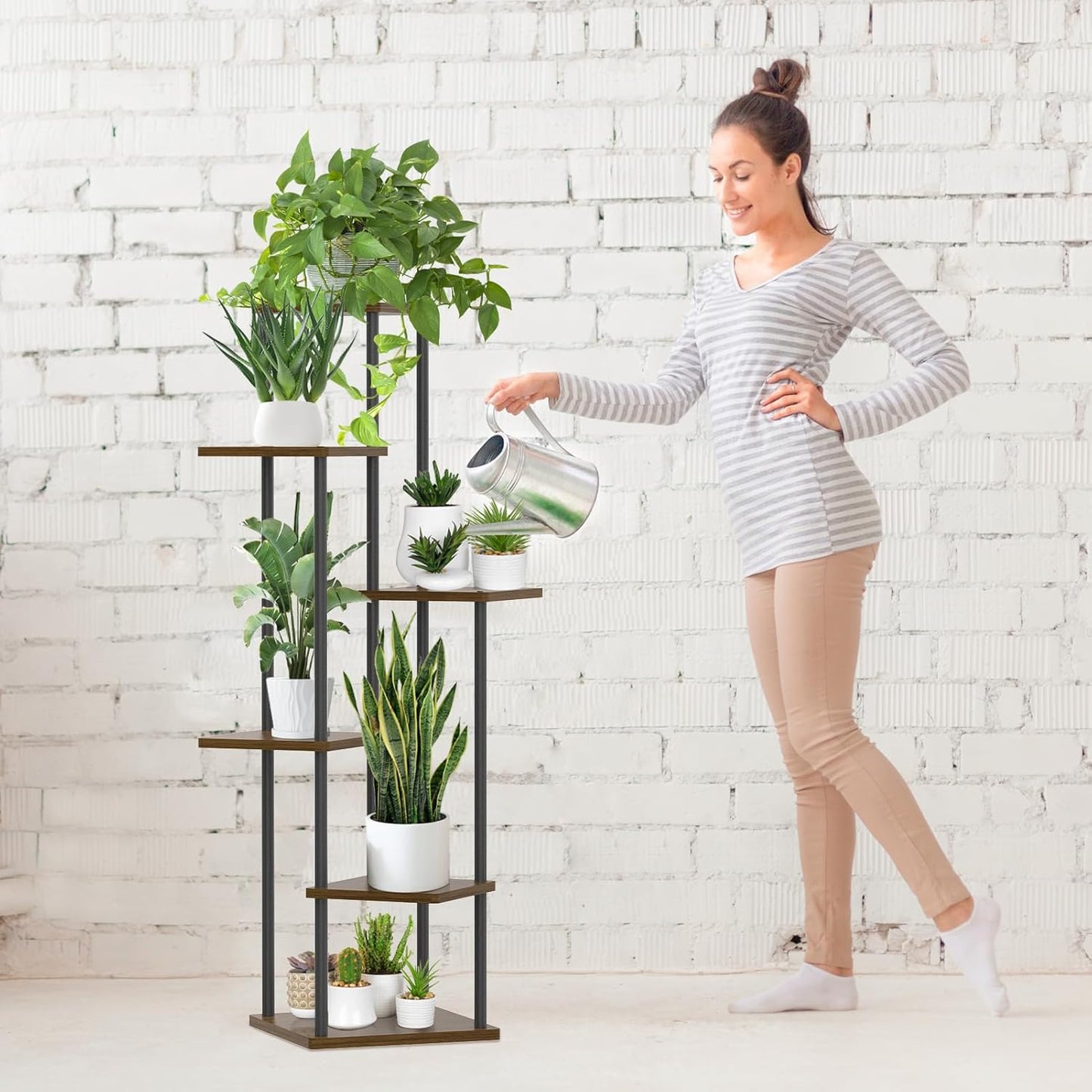 6 Tier Plant Stand Indoor, Tall Metal Wood Muti-Level Planter Shelf Holder, Sturdy Large Vertical Corner Orchid Flower Pot Display Rack for Narrow House Decor Office Living Room Bedroom, Oak