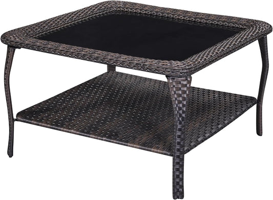 Patio Tables Outdoor Coffee Table - Wicker Rattan Coffee Tables with 2-Tier Storage Shelf Glass Top for Proch Deck Balcony Garden Squre Brown