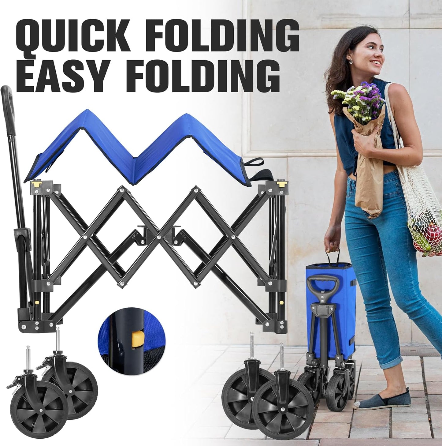 Wagon Cart Shopping Foldable Folding Collapsible with Wheels Big On Beach Garden Outdoor Grocery Heavy Duty Utility All Terrain Portable Wagons Carts for Groceries Sand Camping Sports Blue