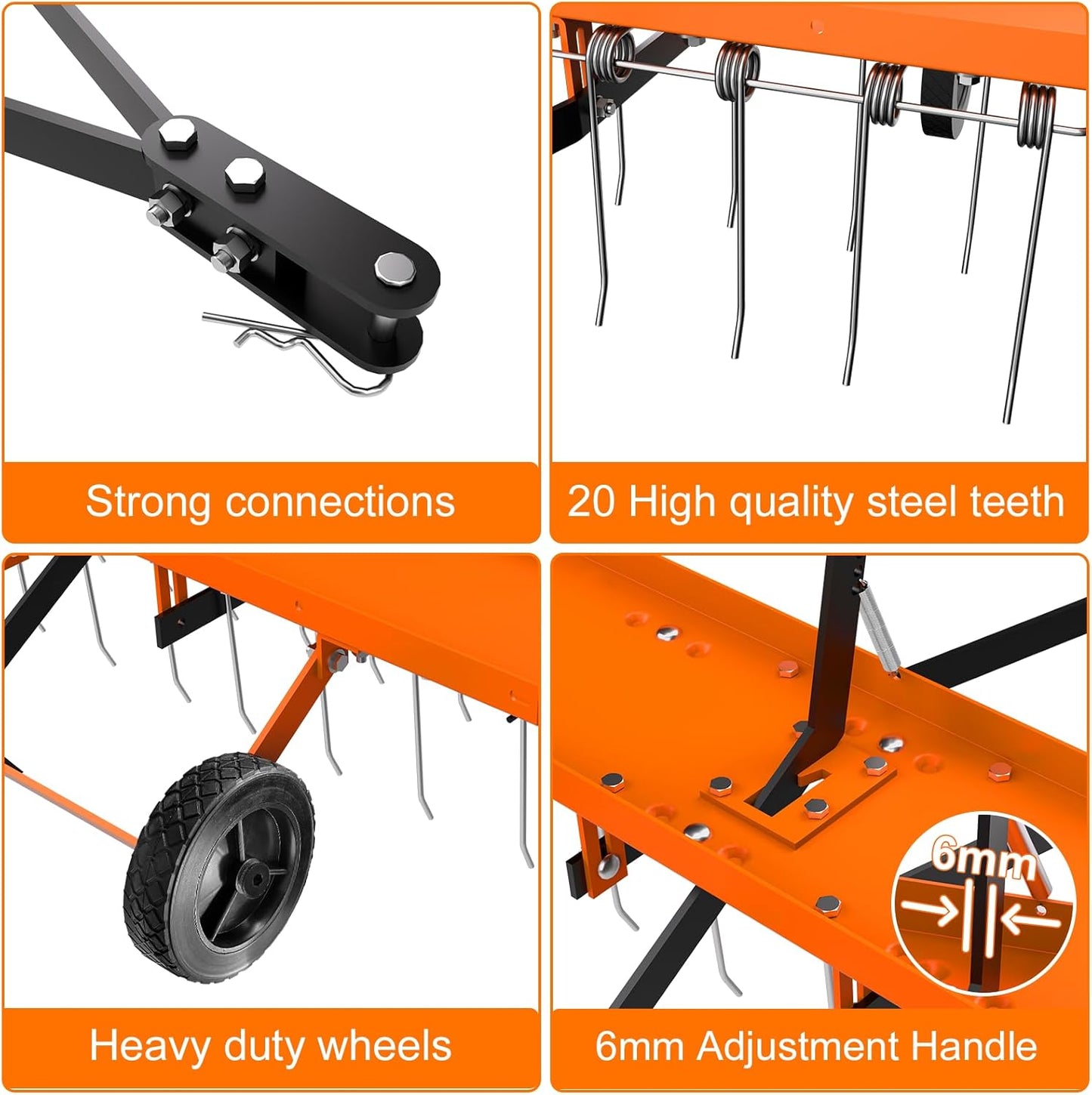 40inch Tow Behind Dethatcher with 20 Spring Steel Tines, Lawn Tractor Rakes with Lift Handle, Tow Behind Rake to Remove Thatch, Riding Lawn Mower Attachments for Outdoor Yard Tools Lawn Care