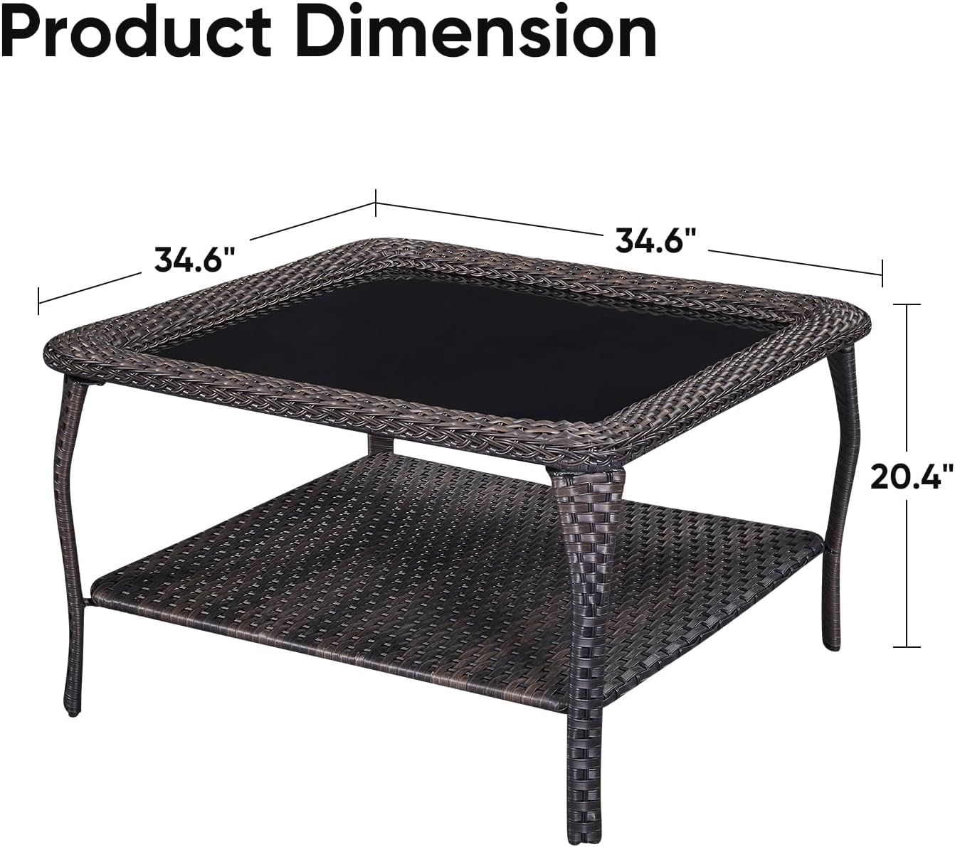 Patio Tables Outdoor Coffee Table - Wicker Rattan Coffee Tables with 2-Tier Storage Shelf Glass Top for Proch Deck Balcony Garden Squre Brown