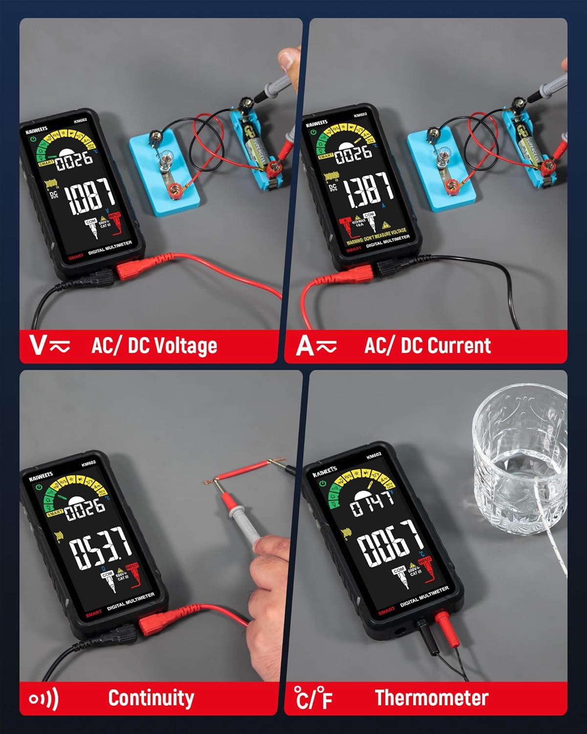 KAIWEETS Smart Multimeter Rechargeable Electrical Tester with Auto Ranging Digital Voltmeter Measures Voltage Current Resistance Continuity Capacitance Temperature Frequency NCV 6000 Counts TRMS
